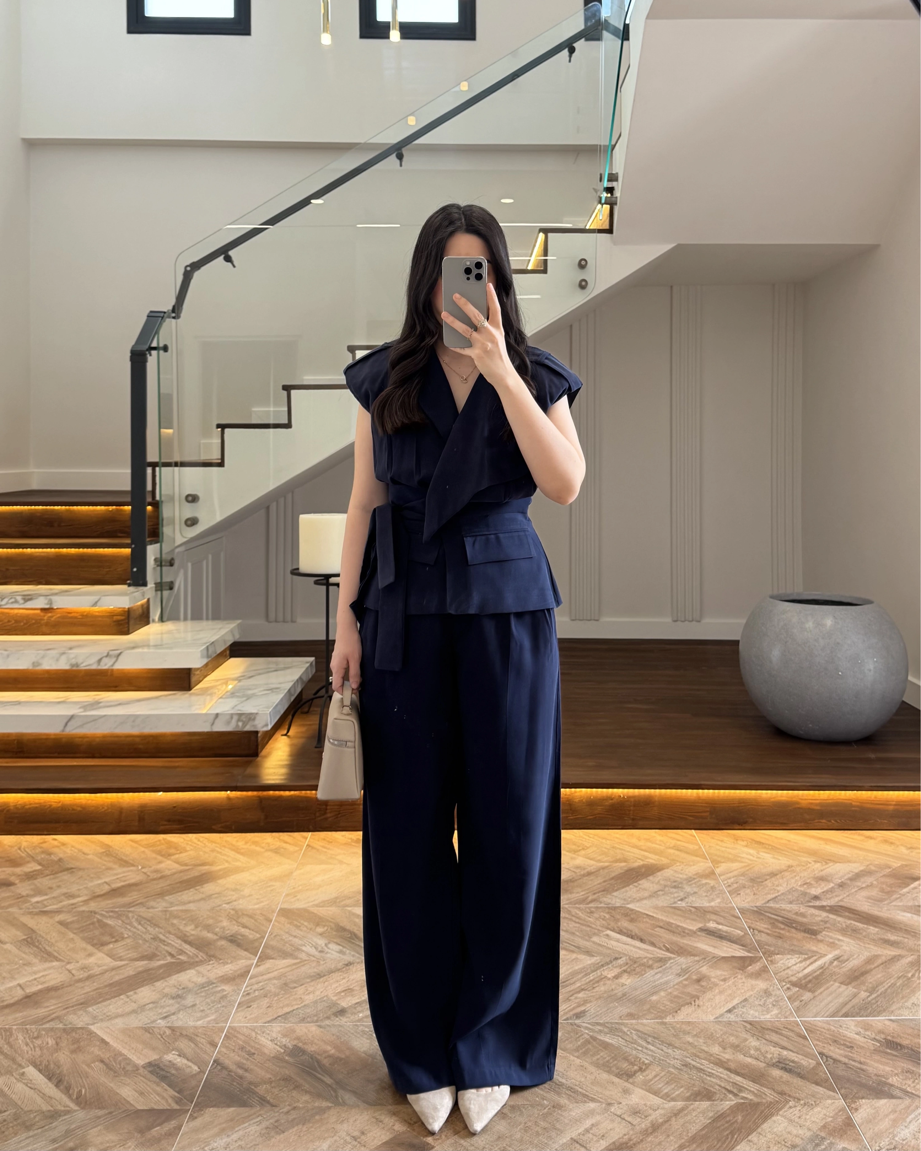 LACİVERT BELİ KUŞAKLI YELEK PANTOLON TAKIM-580769