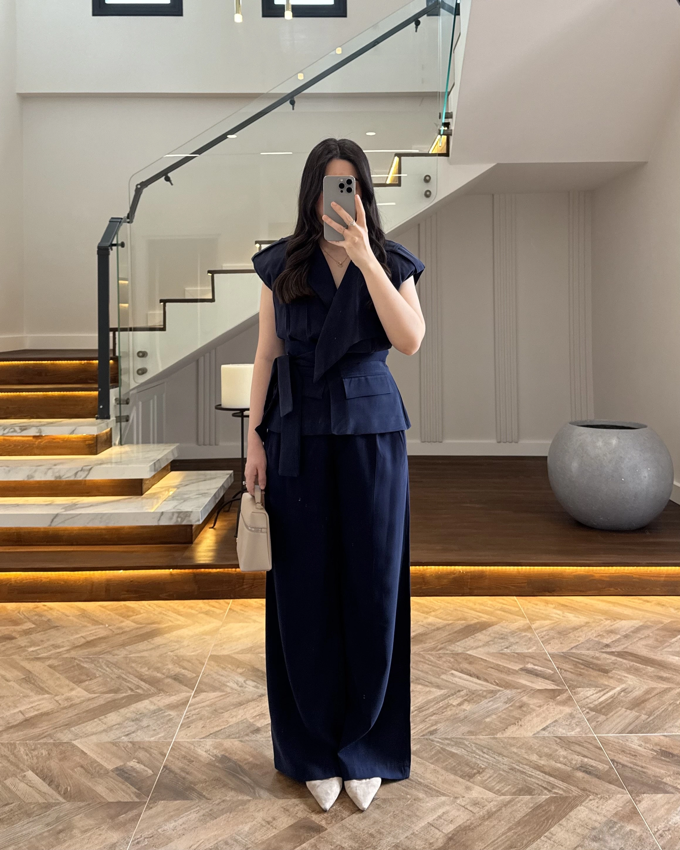 LACİVERT BELİ KUŞAKLI YELEK PANTOLON TAKIM-580769