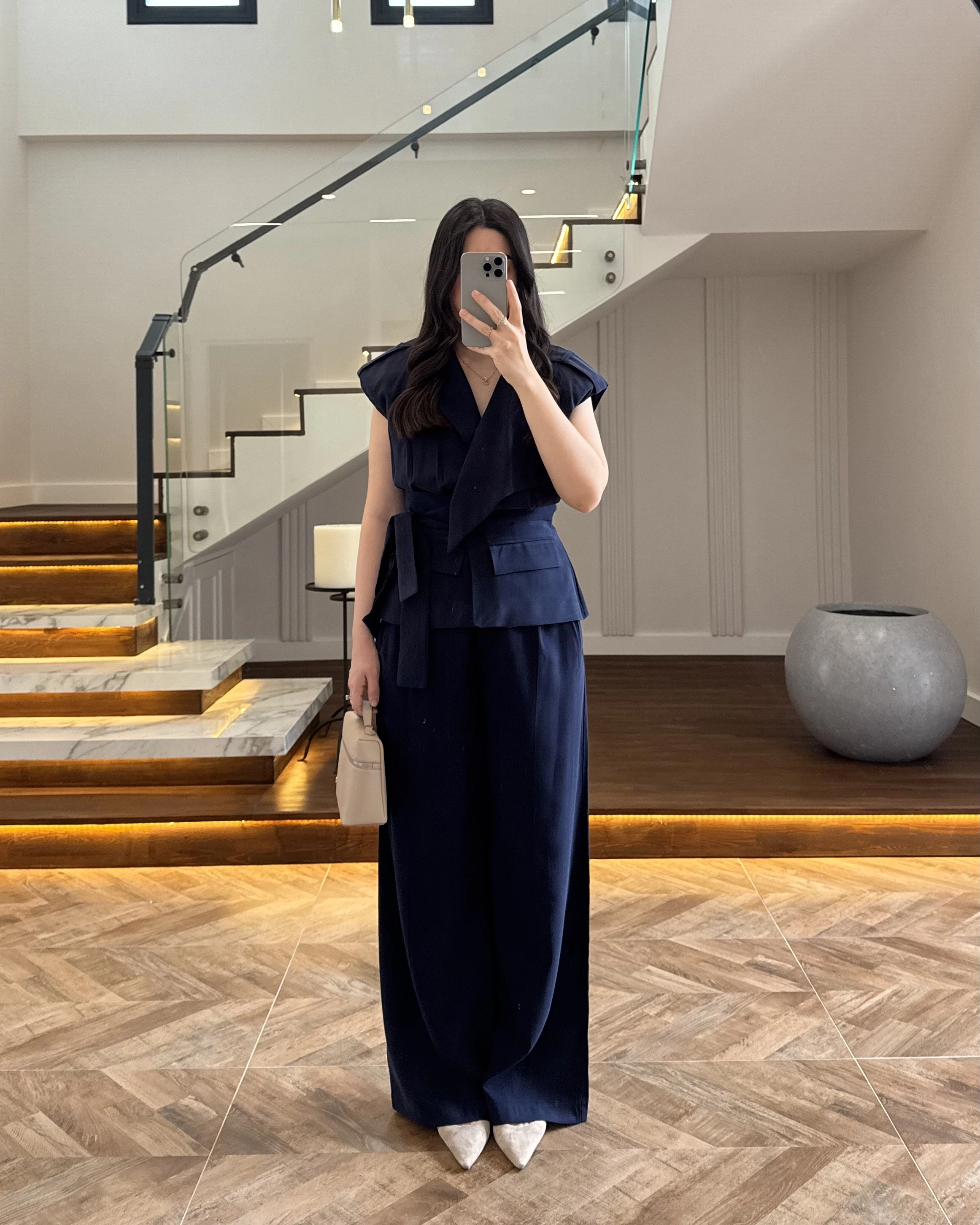 LACİVERT BELİ KUŞAKLI YELEK PANTOLON TAKIM-580769