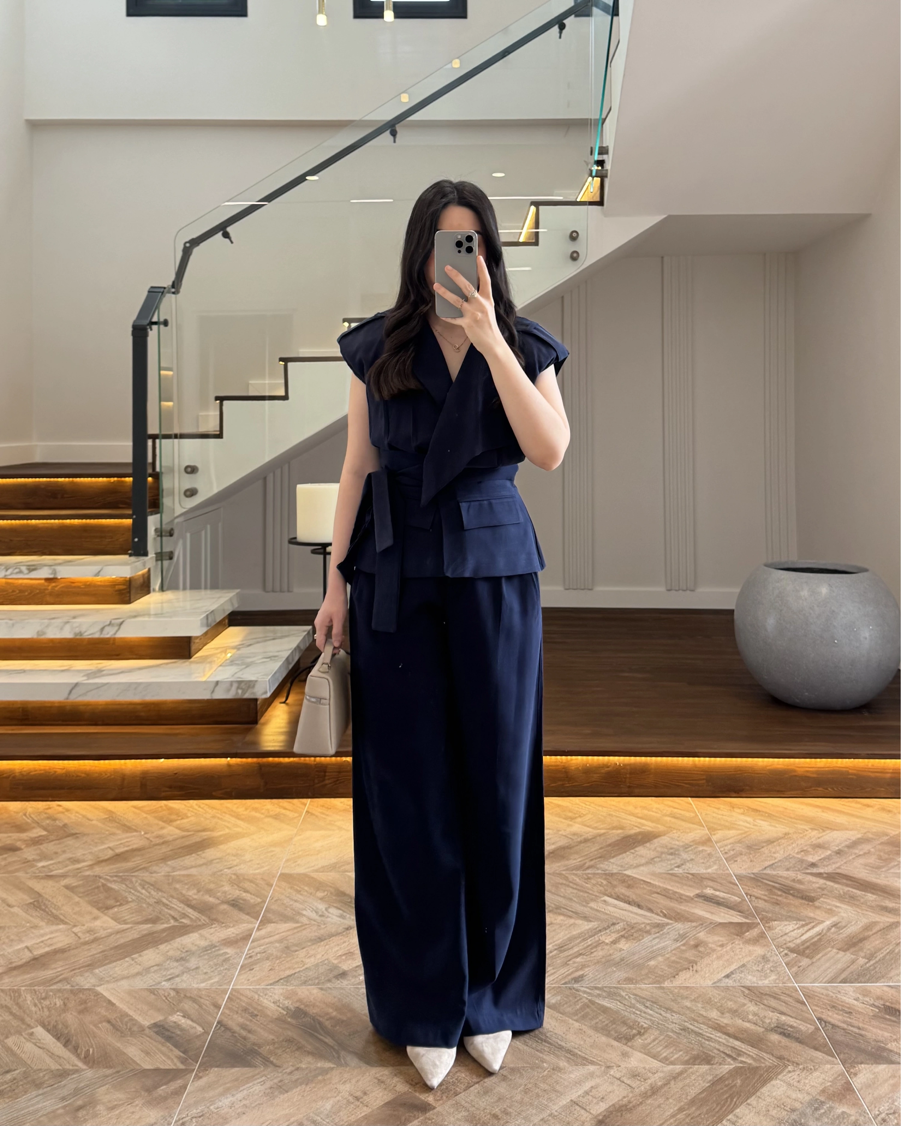 LACİVERT BELİ KUŞAKLI YELEK PANTOLON TAKIM-580769