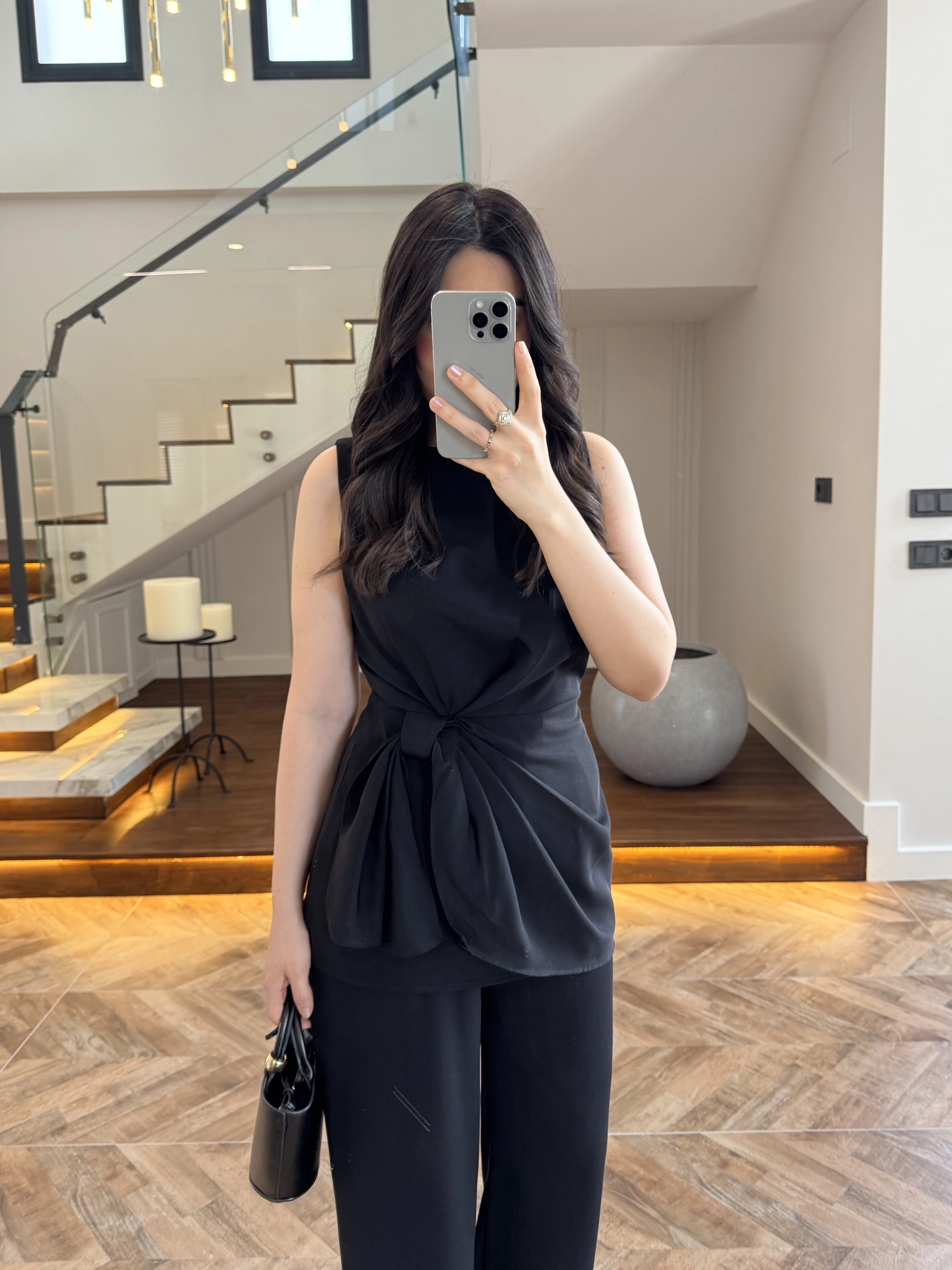 TASARIM BLUZ PANTOLON TAKIM SİYAH-9083