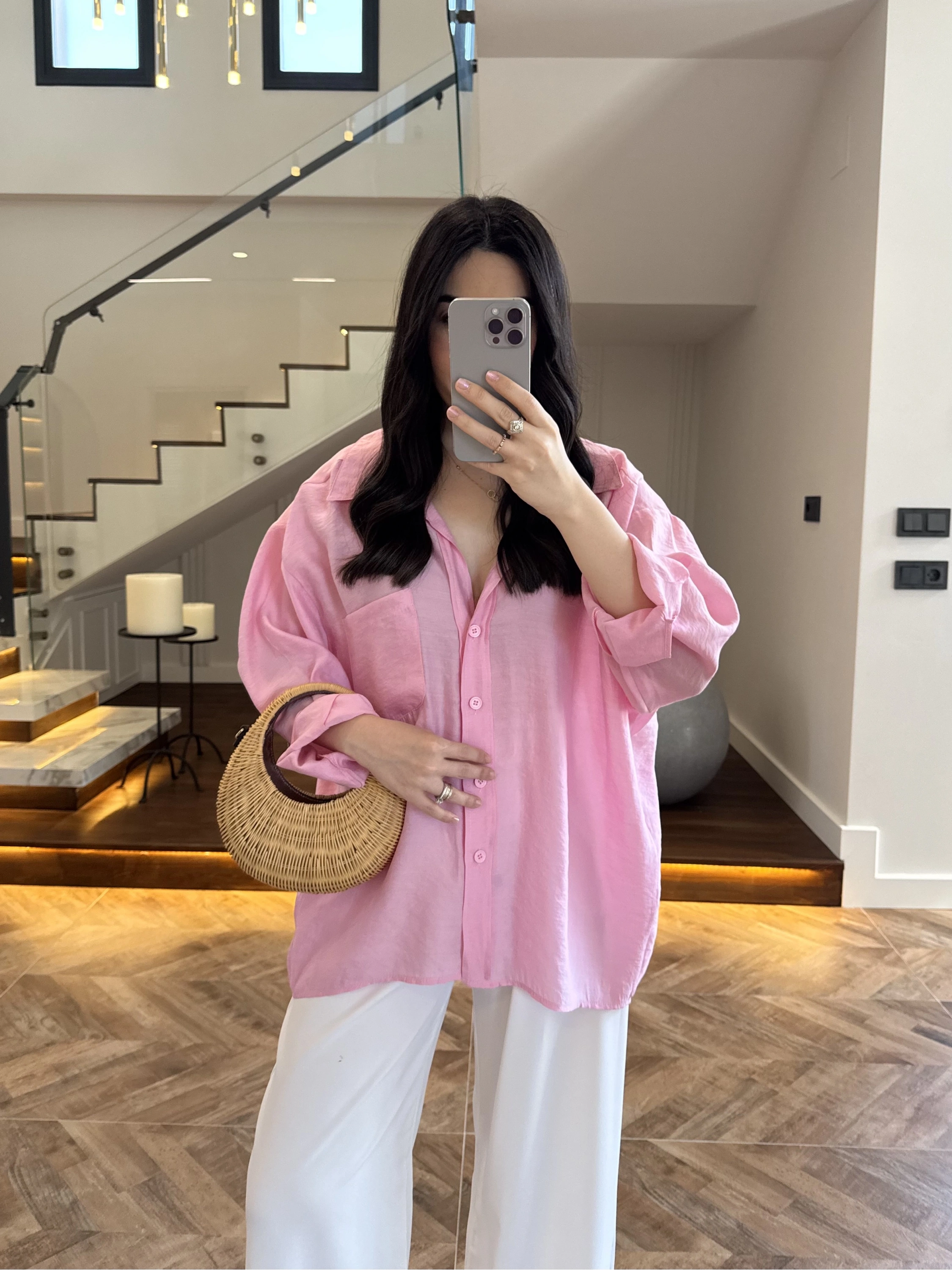 PEMBE DÜŞÜK OMUZ TENSEL GÖMLEK-4612