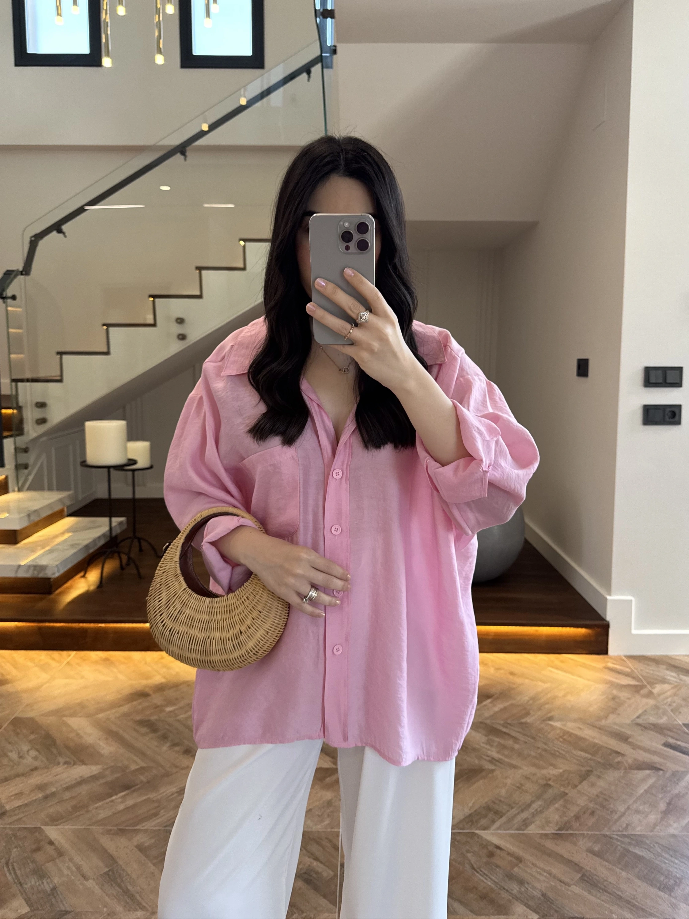 PEMBE DÜŞÜK OMUZ TENSEL GÖMLEK-4612