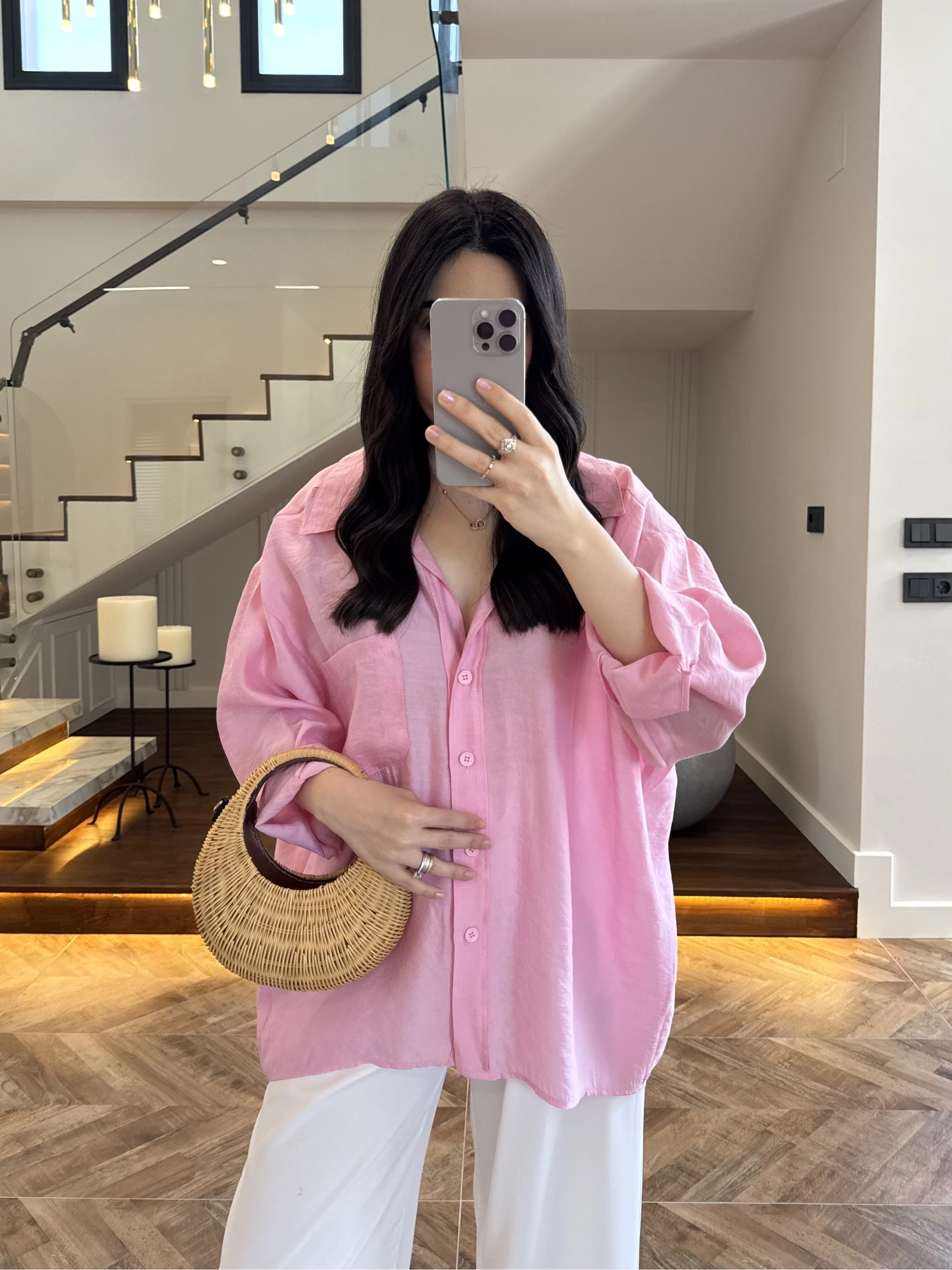 PEMBE DÜŞÜK OMUZ TENSEL GÖMLEK-4612