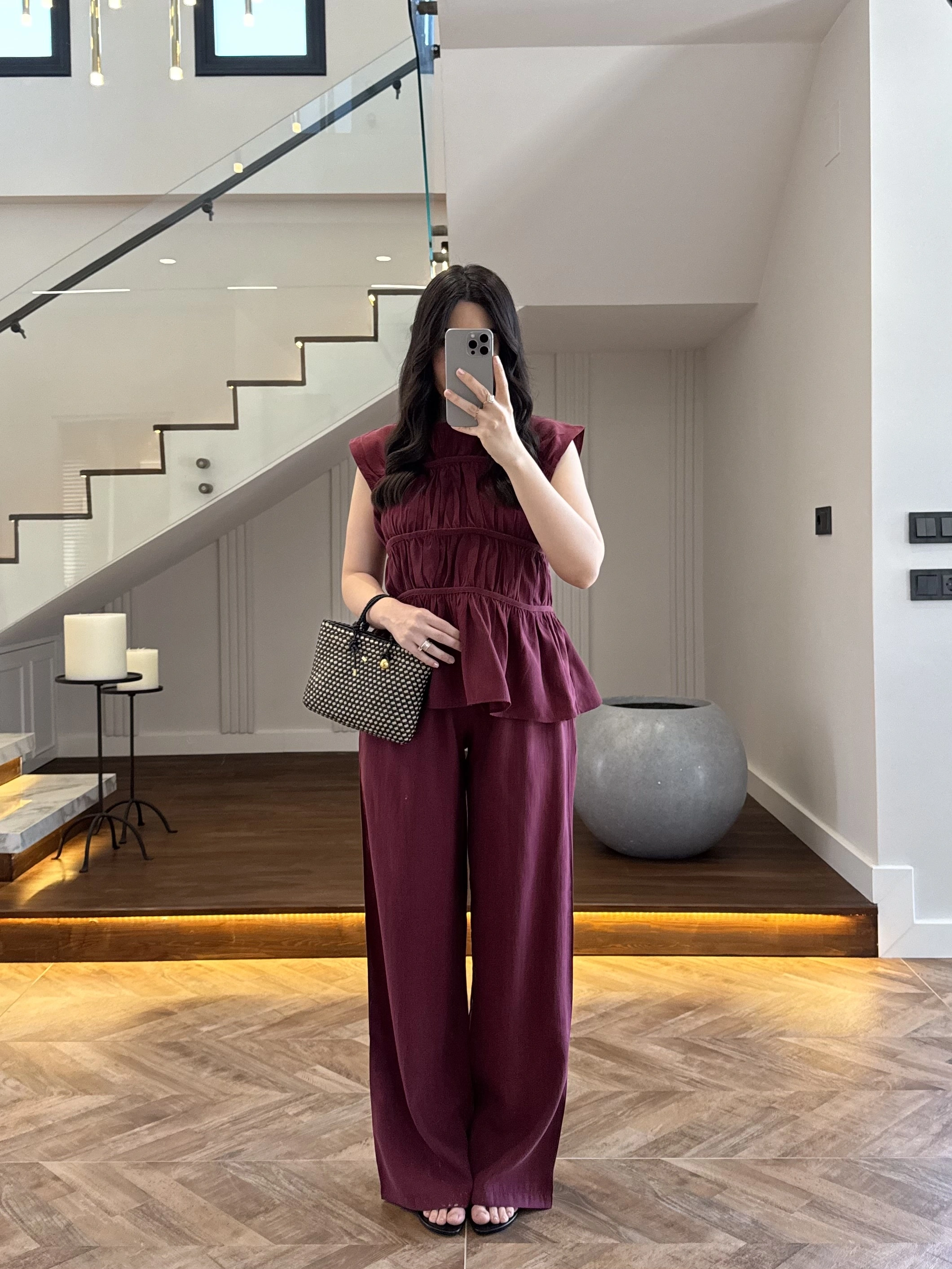 BORDO TENSEL NEVÜRLÜ BLUZ PANTOLON TAKIM-250483