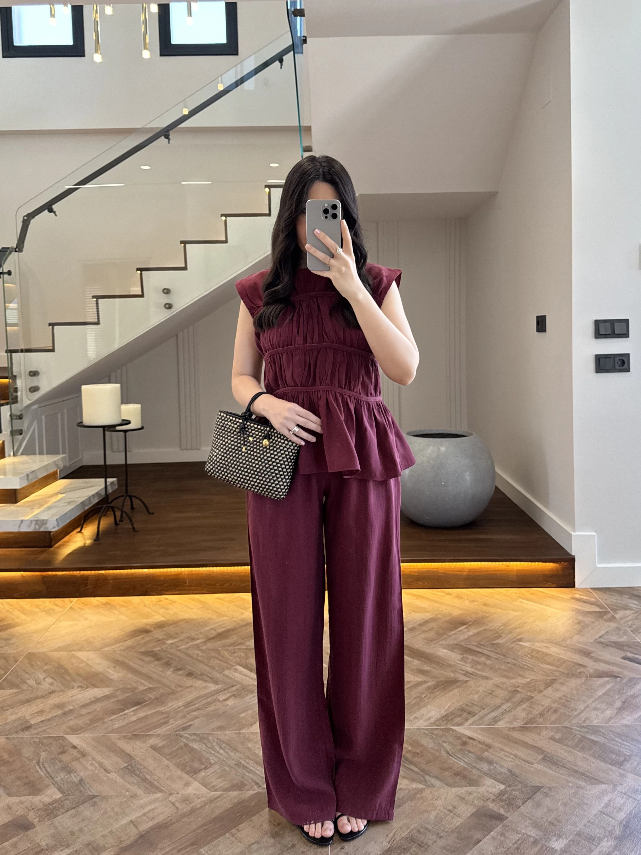 BORDO TENSEL NEVÜRLÜ BLUZ PANTOLON TAKIM-250483