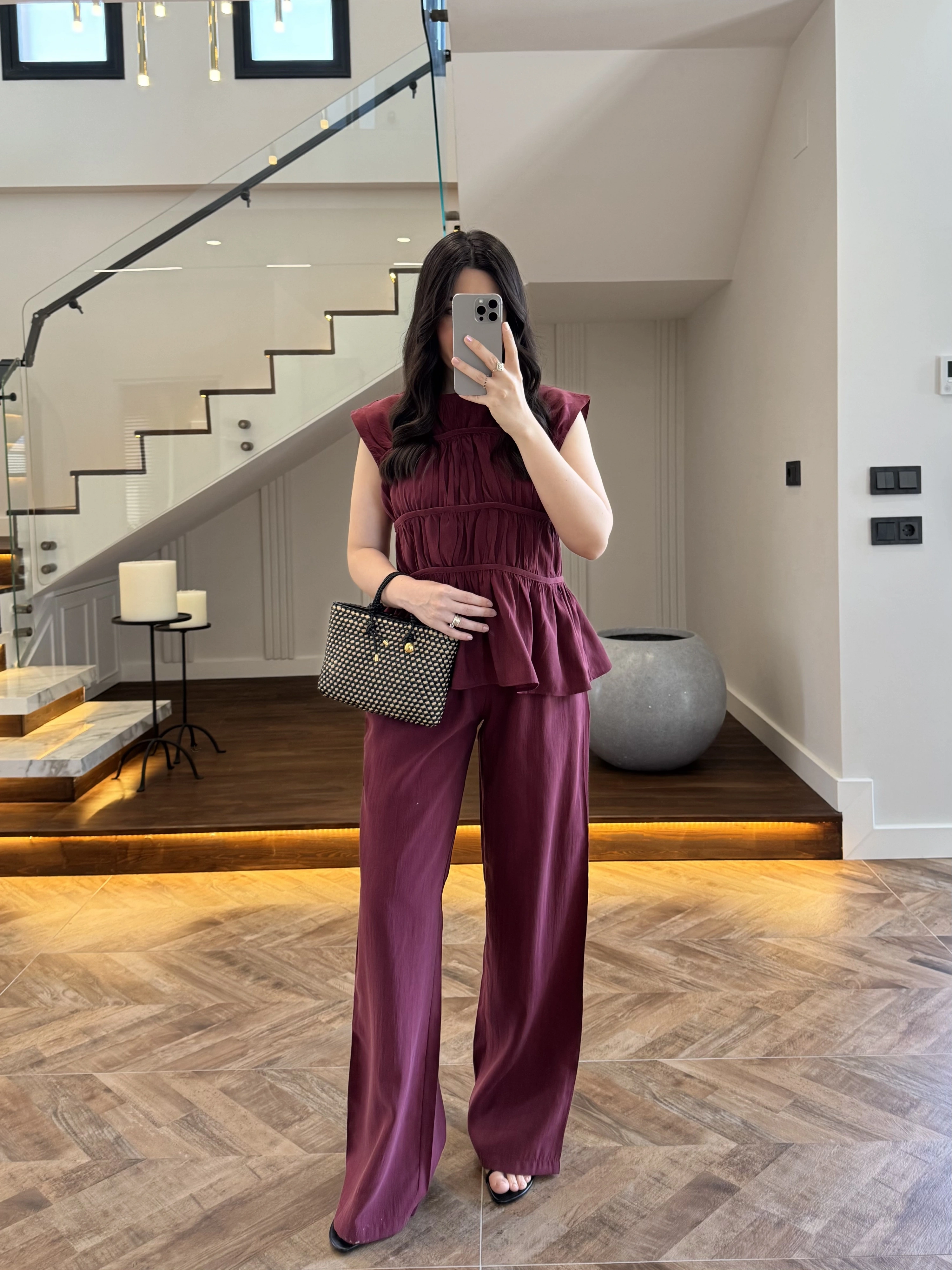 BORDO TENSEL NEVÜRLÜ BLUZ PANTOLON TAKIM-250483