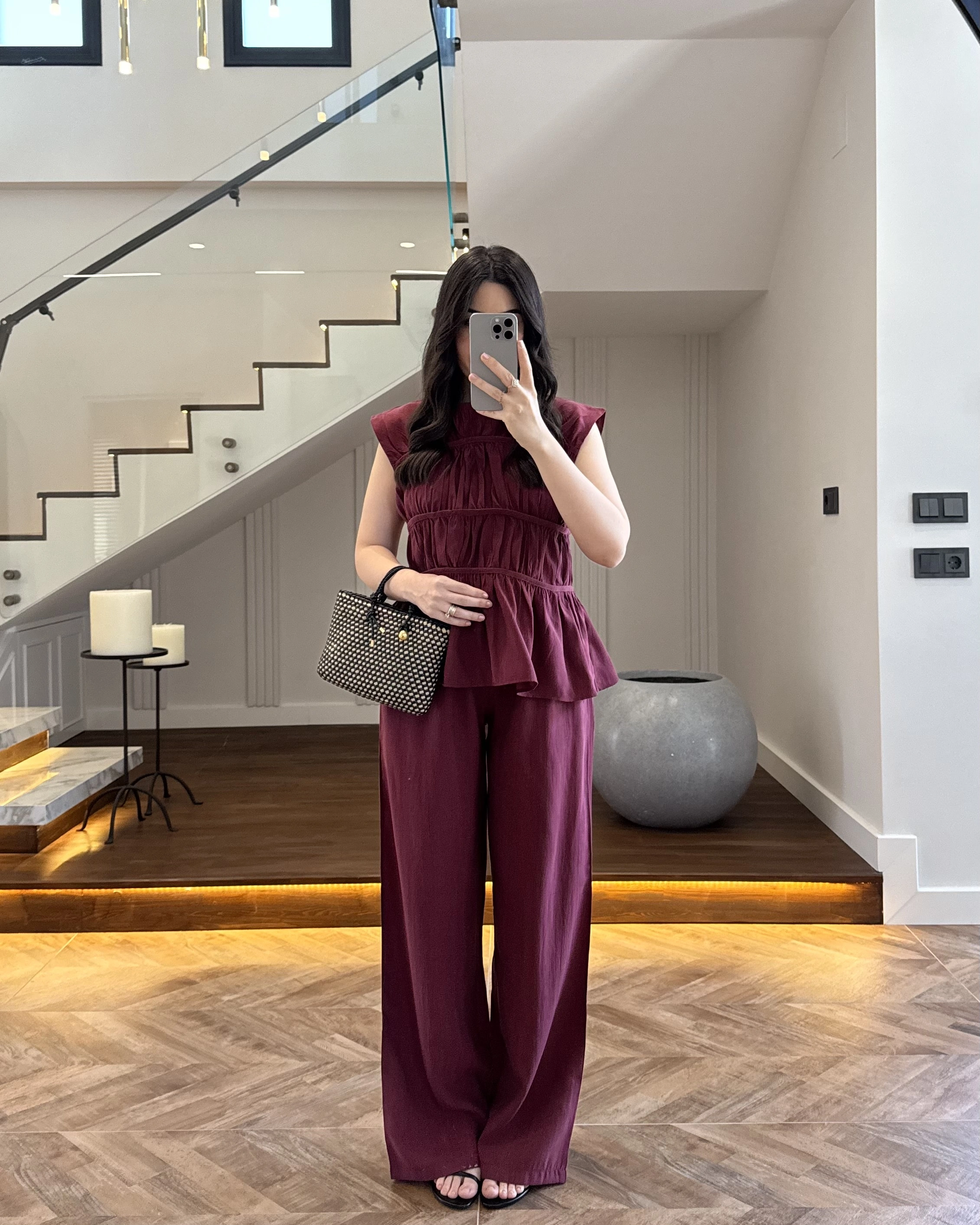 BORDO TENSEL NEVÜRLÜ BLUZ PANTOLON TAKIM-250483