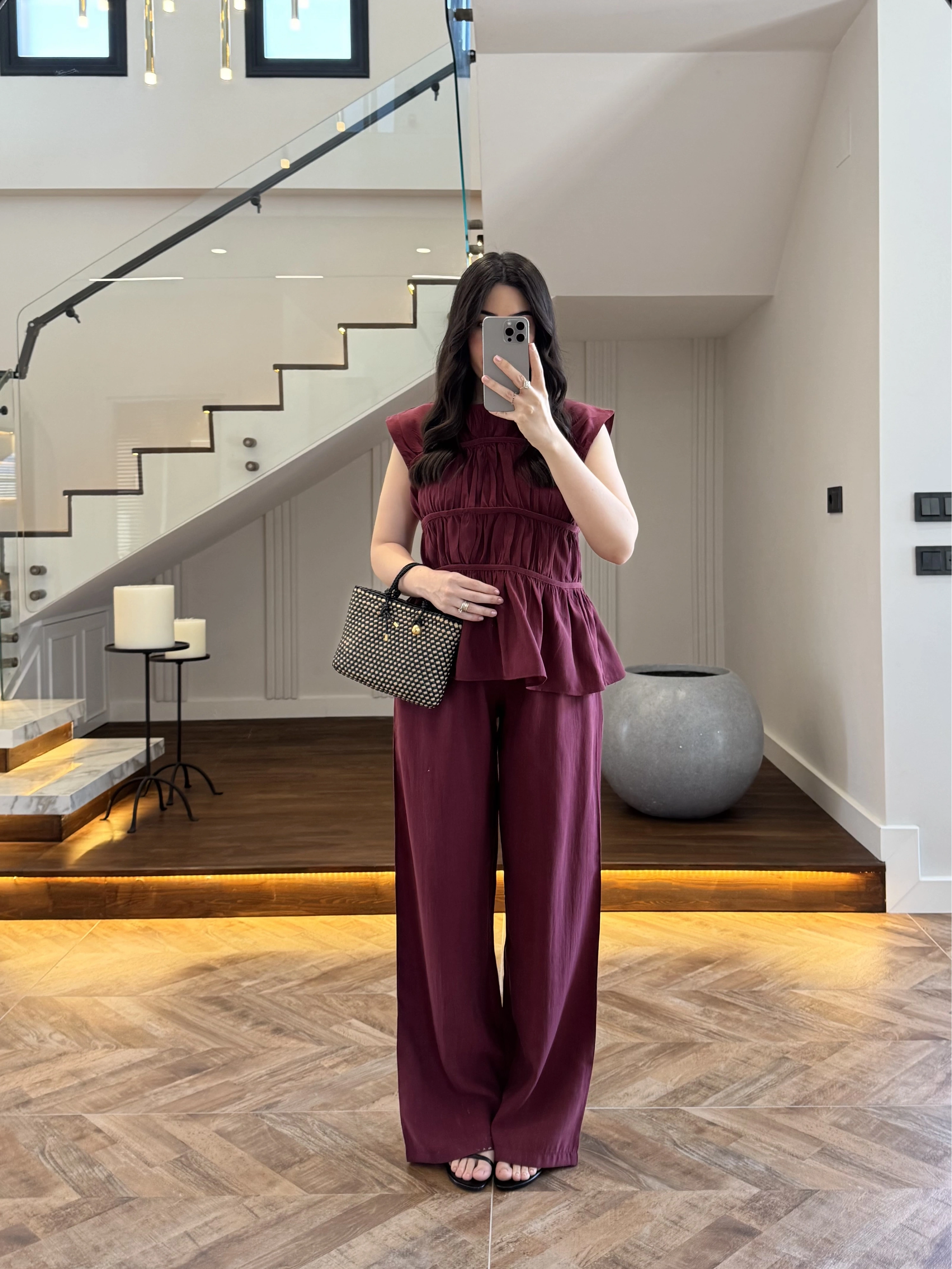 BORDO TENSEL NEVÜRLÜ BLUZ PANTOLON TAKIM-250483