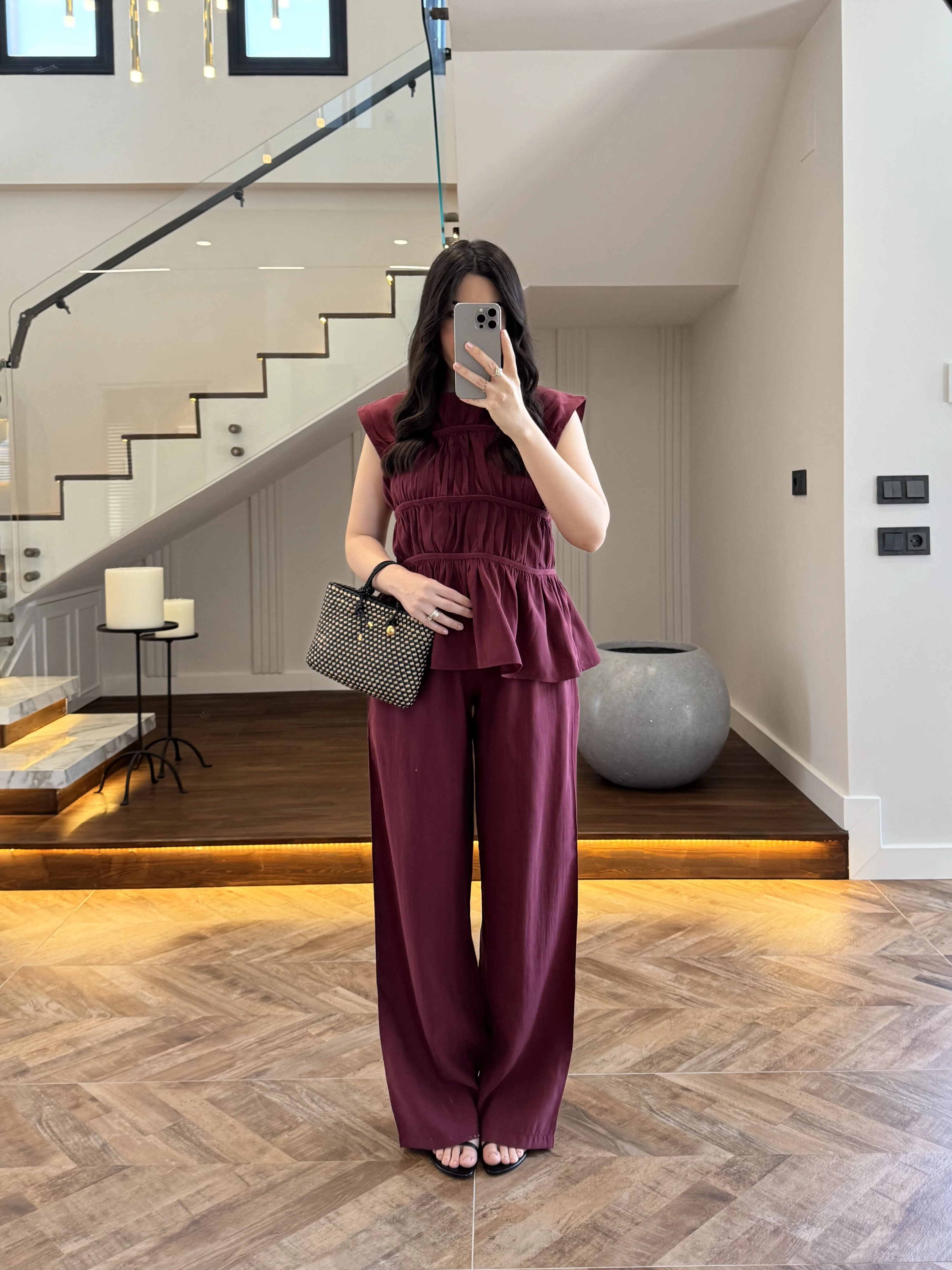 BORDO TENSEL NEVÜRLÜ BLUZ PANTOLON TAKIM-250483