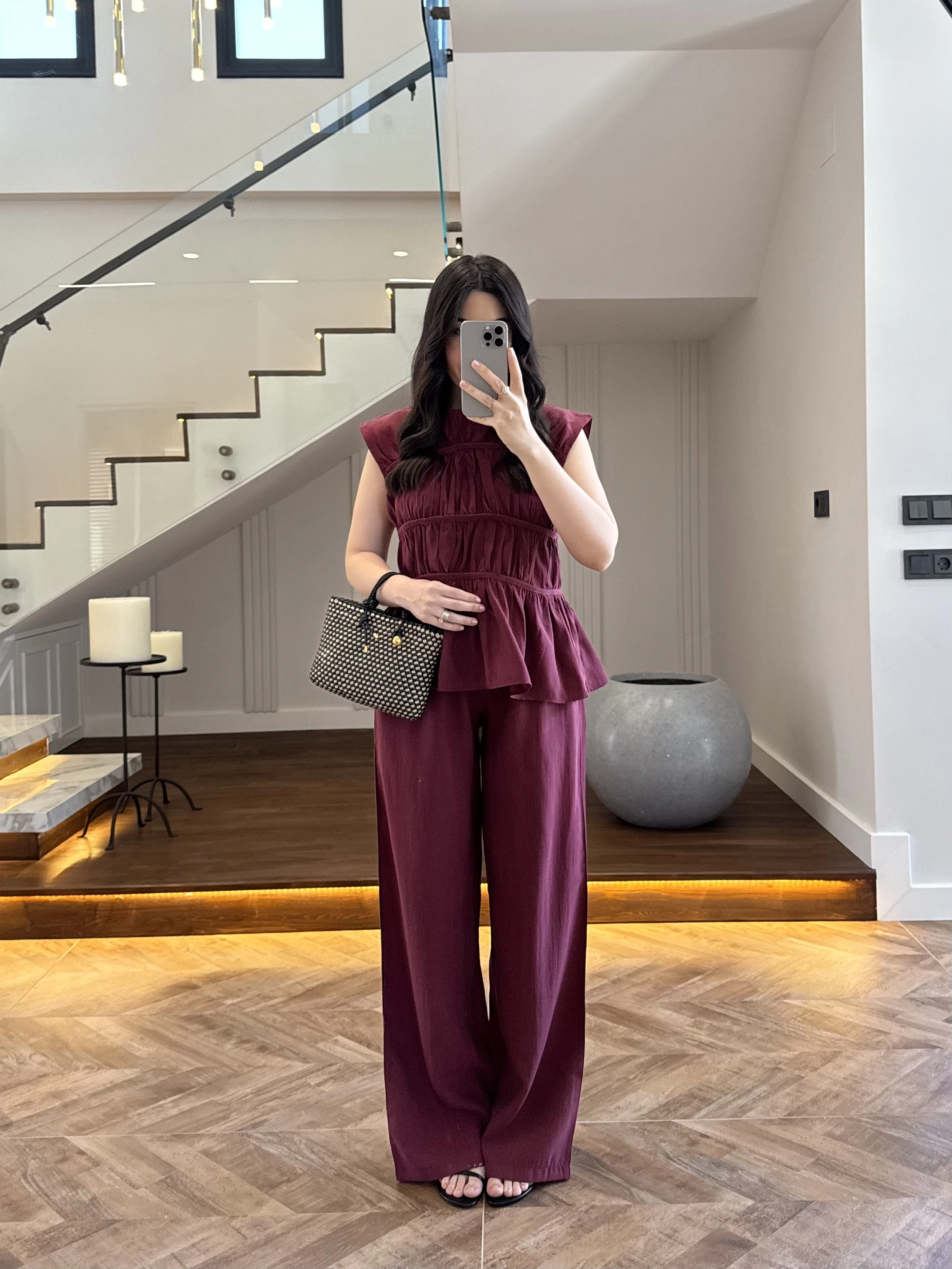 BORDO TENSEL NEVÜRLÜ BLUZ PANTOLON TAKIM-250483