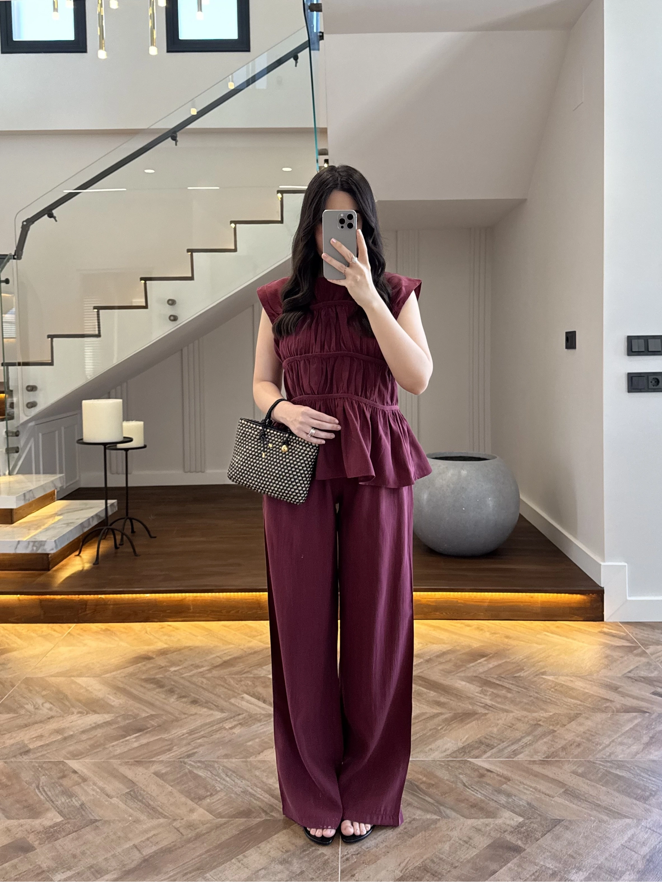 BORDO TENSEL NEVÜRLÜ BLUZ PANTOLON TAKIM-250483