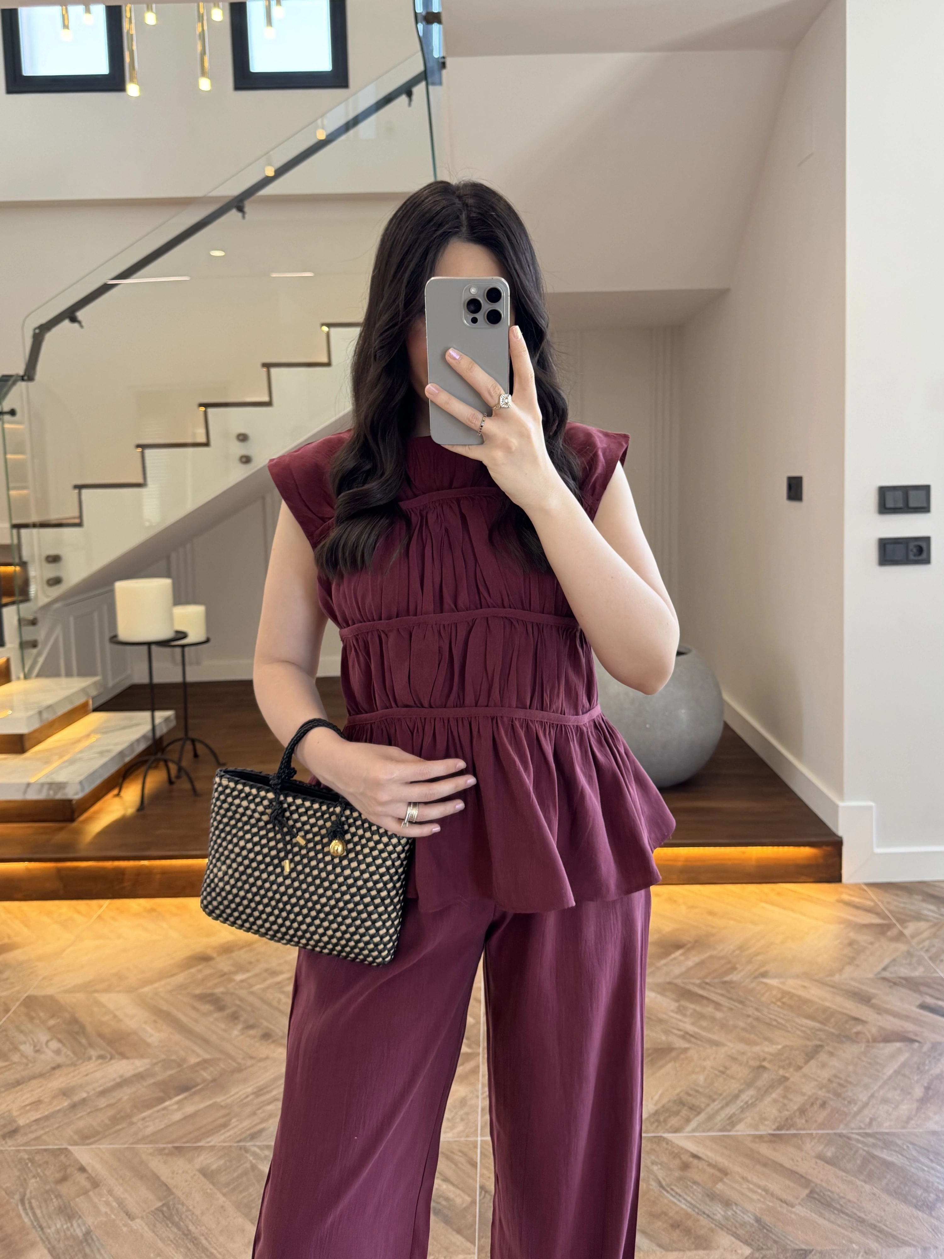 BORDO TENSEL NEVÜRLÜ BLUZ PANTOLON TAKIM-250483