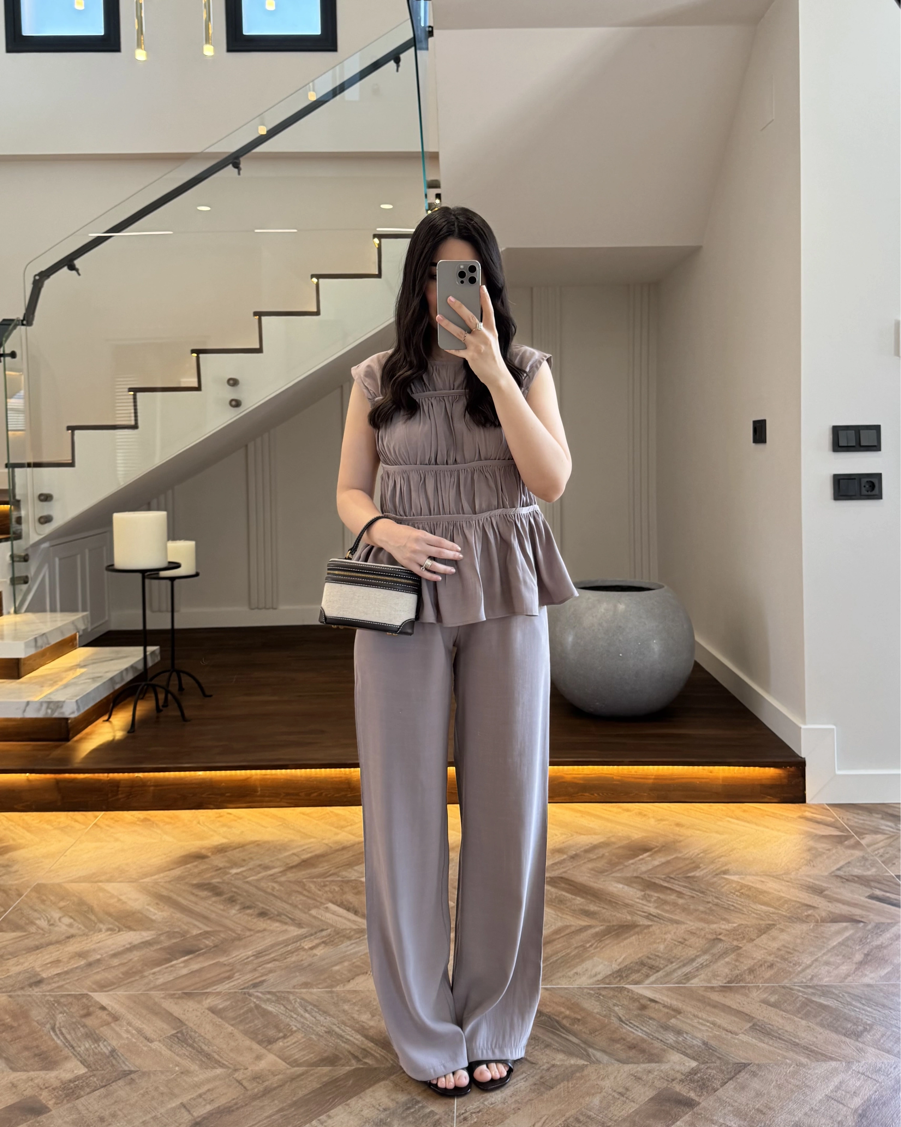 VİZON TENSEL NEVÜRLÜ BLUZ PANTOLON TAKIM-250483