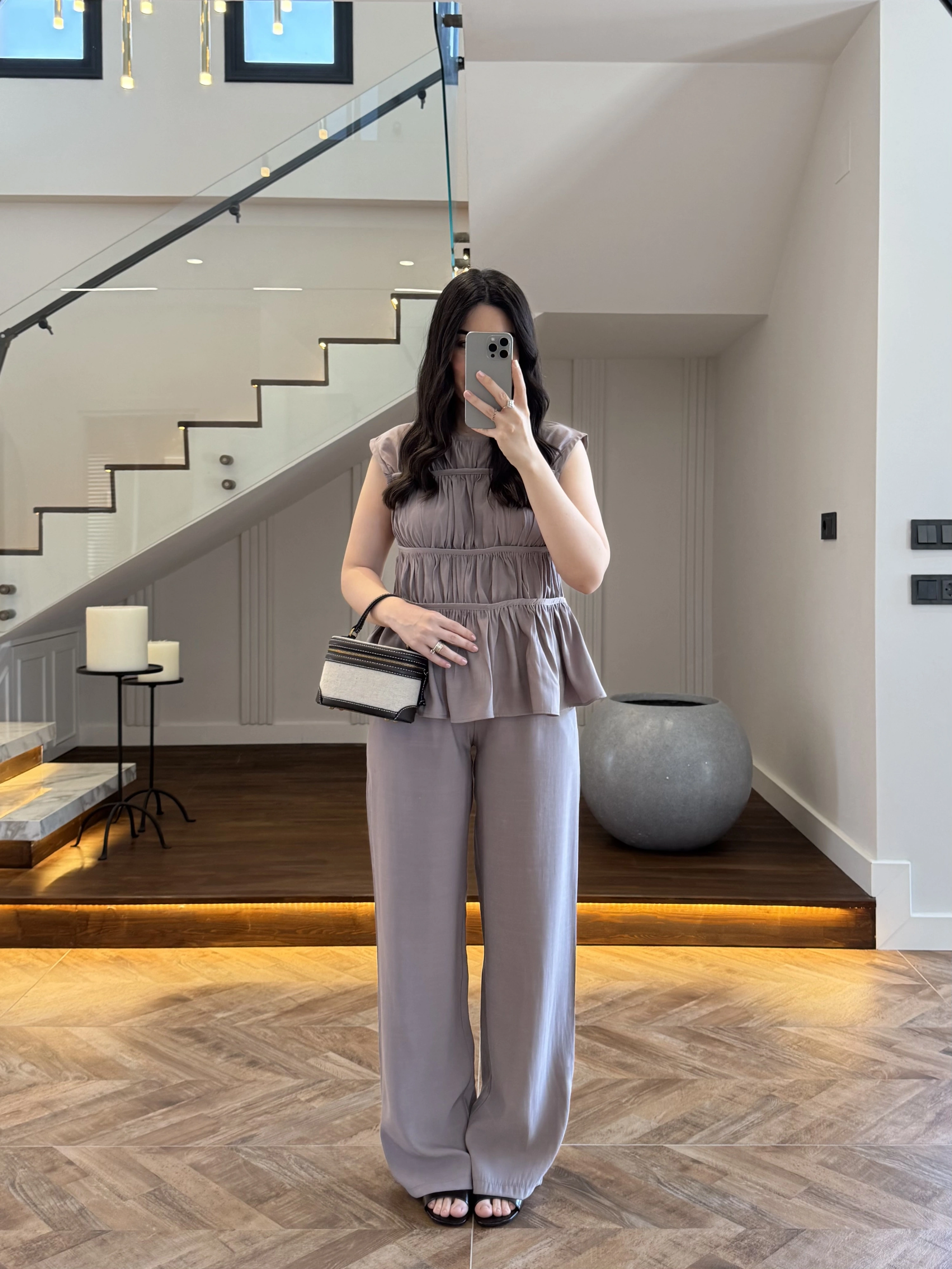 VİZON TENSEL NEVÜRLÜ BLUZ PANTOLON TAKIM-250483