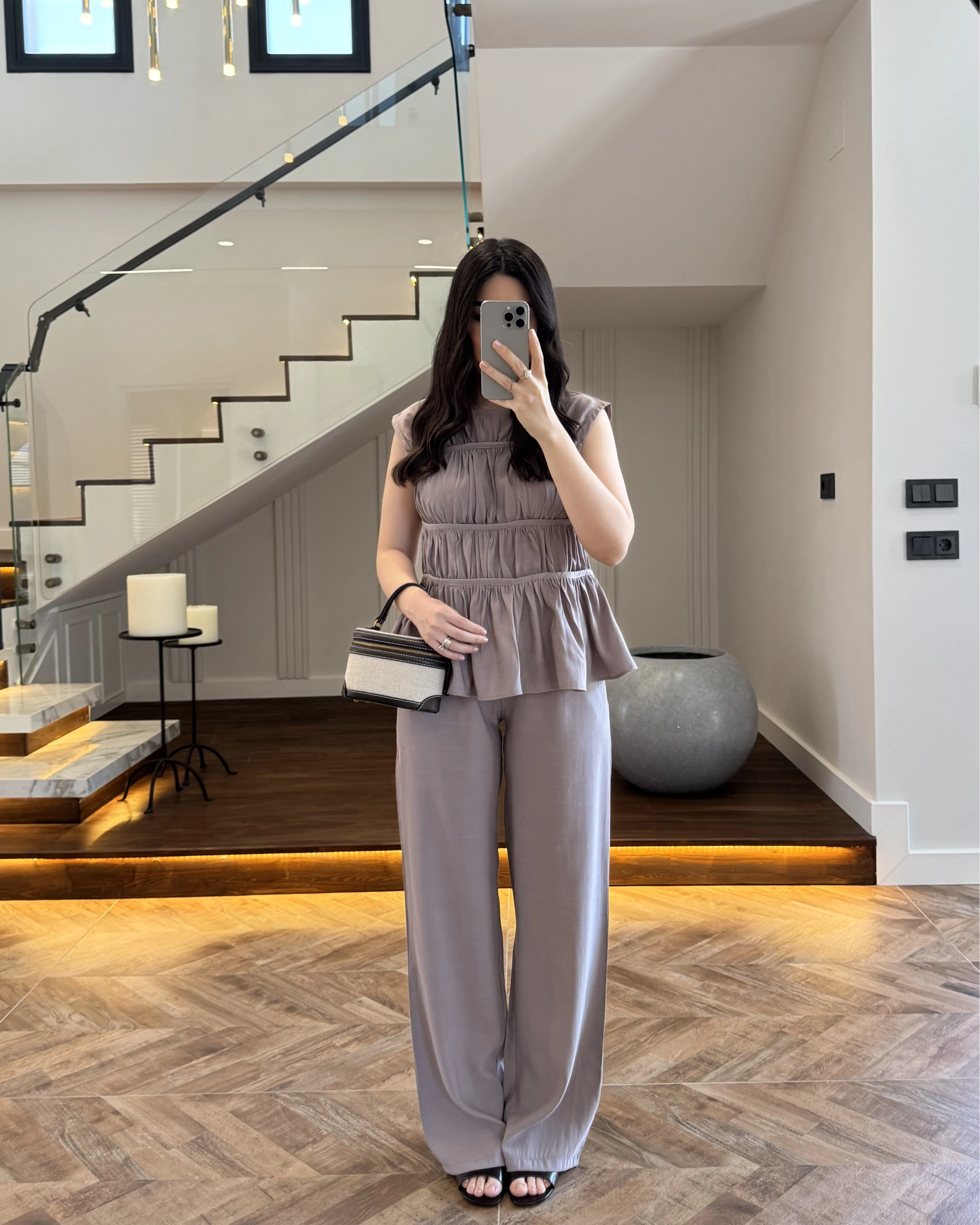 VİZON TENSEL NEVÜRLÜ BLUZ PANTOLON TAKIM-250483
