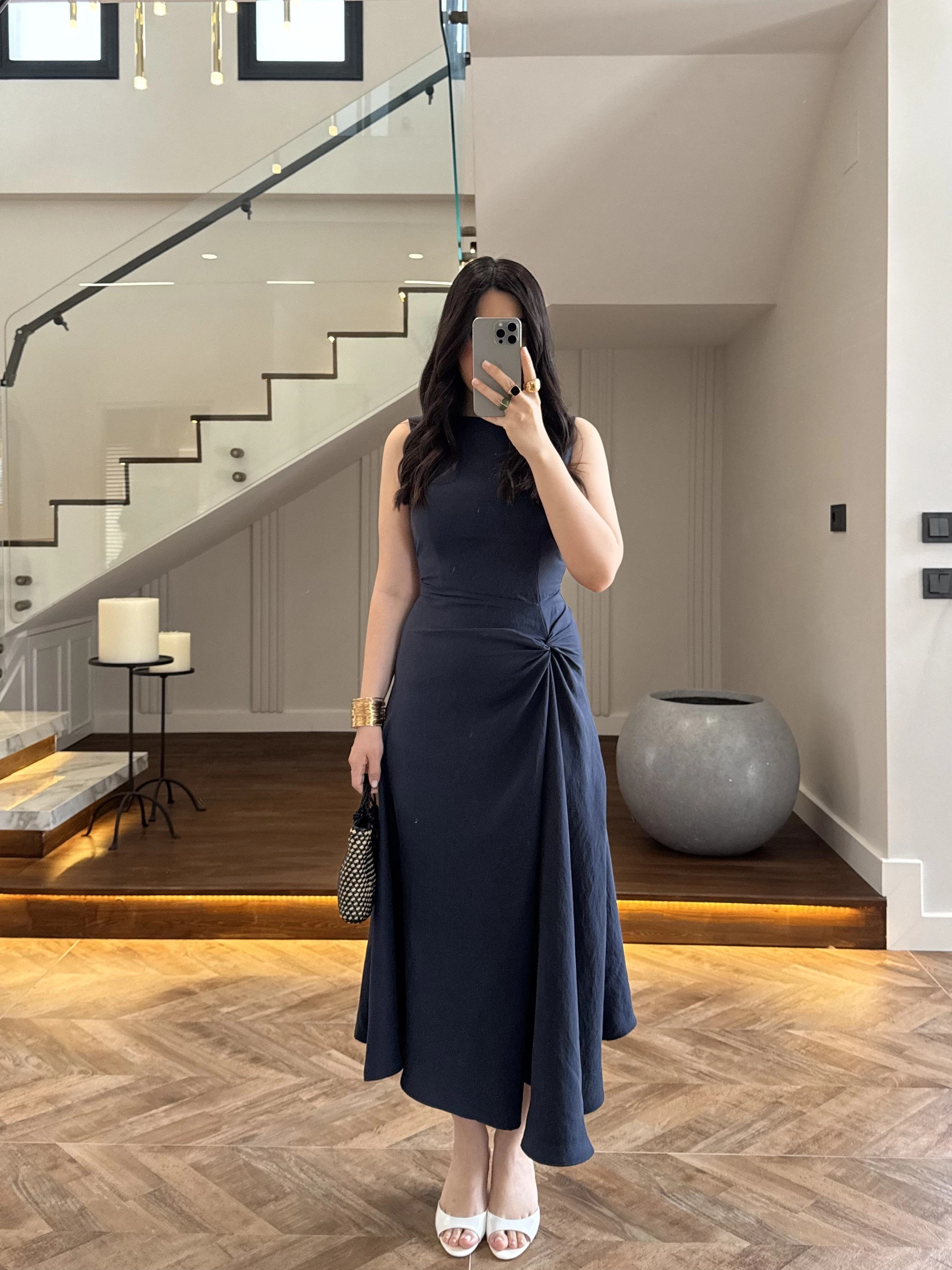 LACİVERT DÜĞÜM DETAY KOLSUZ ELBİSE -2386