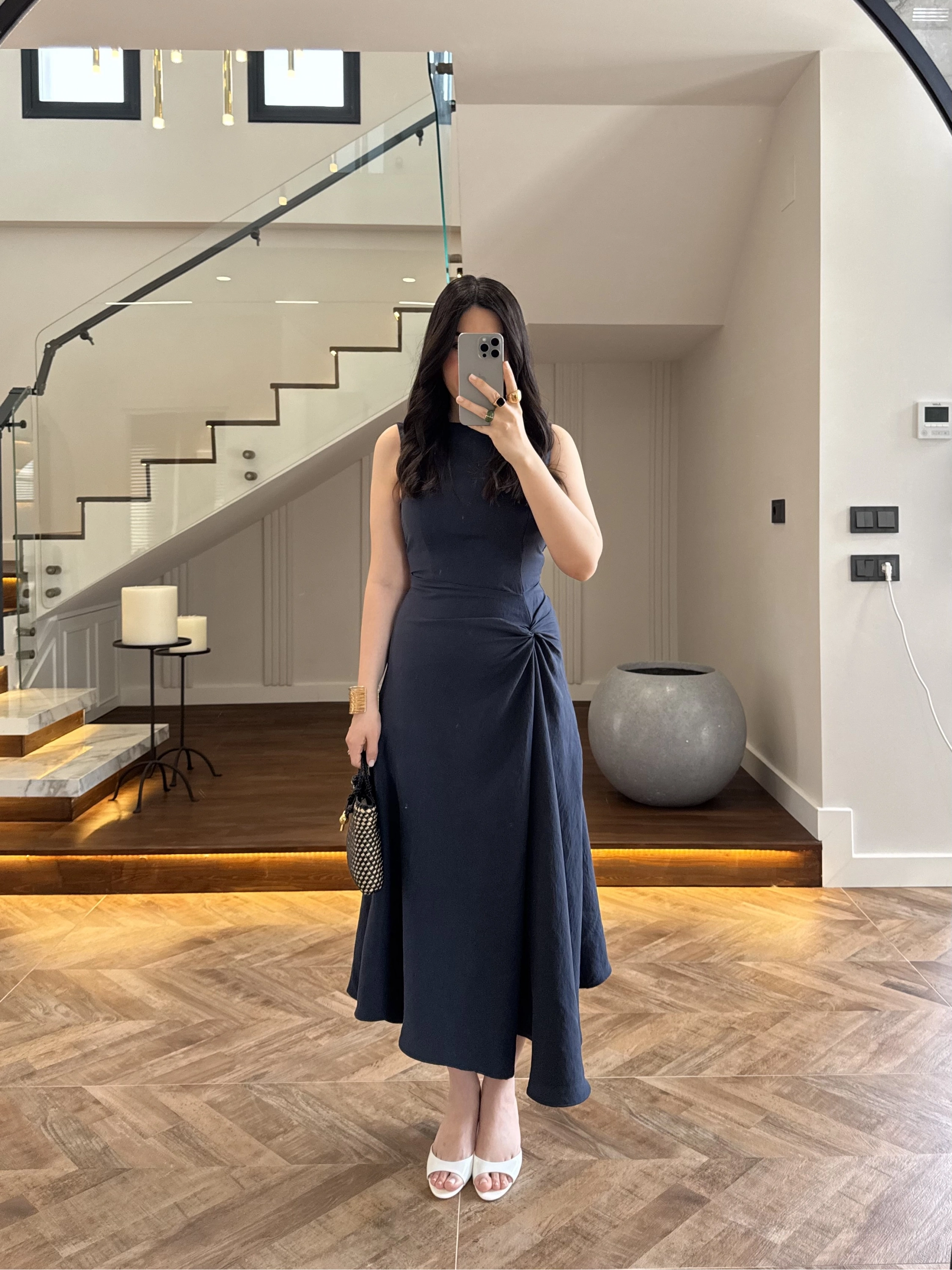LACİVERT DÜĞÜM DETAY KOLSUZ ELBİSE -2386