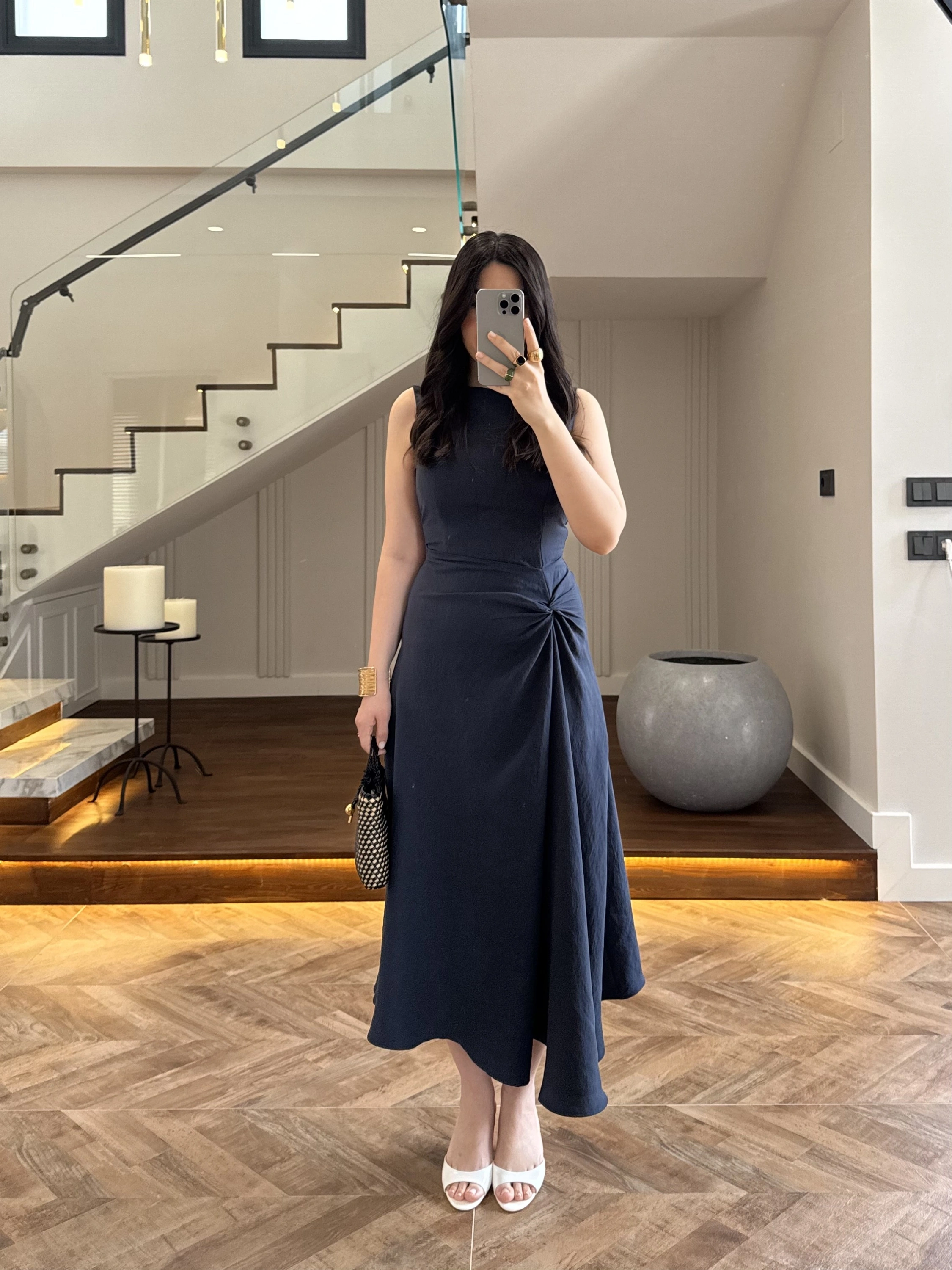 LACİVERT DÜĞÜM DETAY KOLSUZ ELBİSE -2386