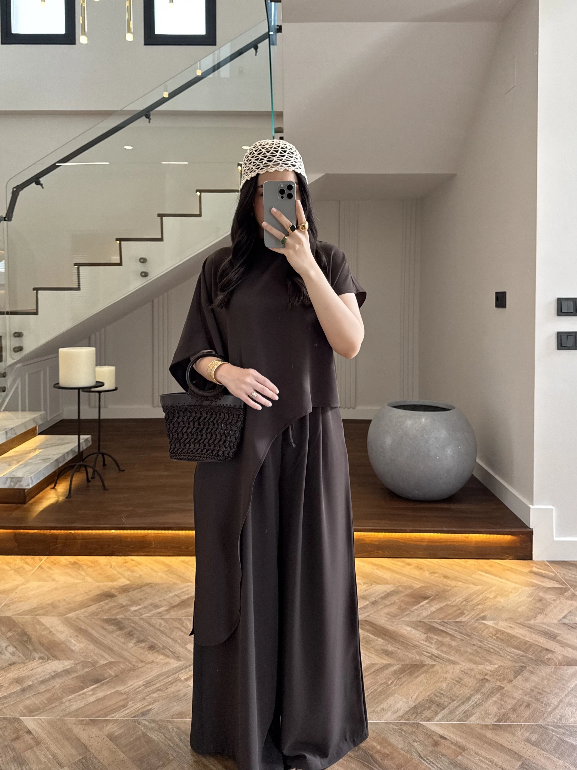 KAHVE ASİMETRİK BLUZLU TAKIM-9162