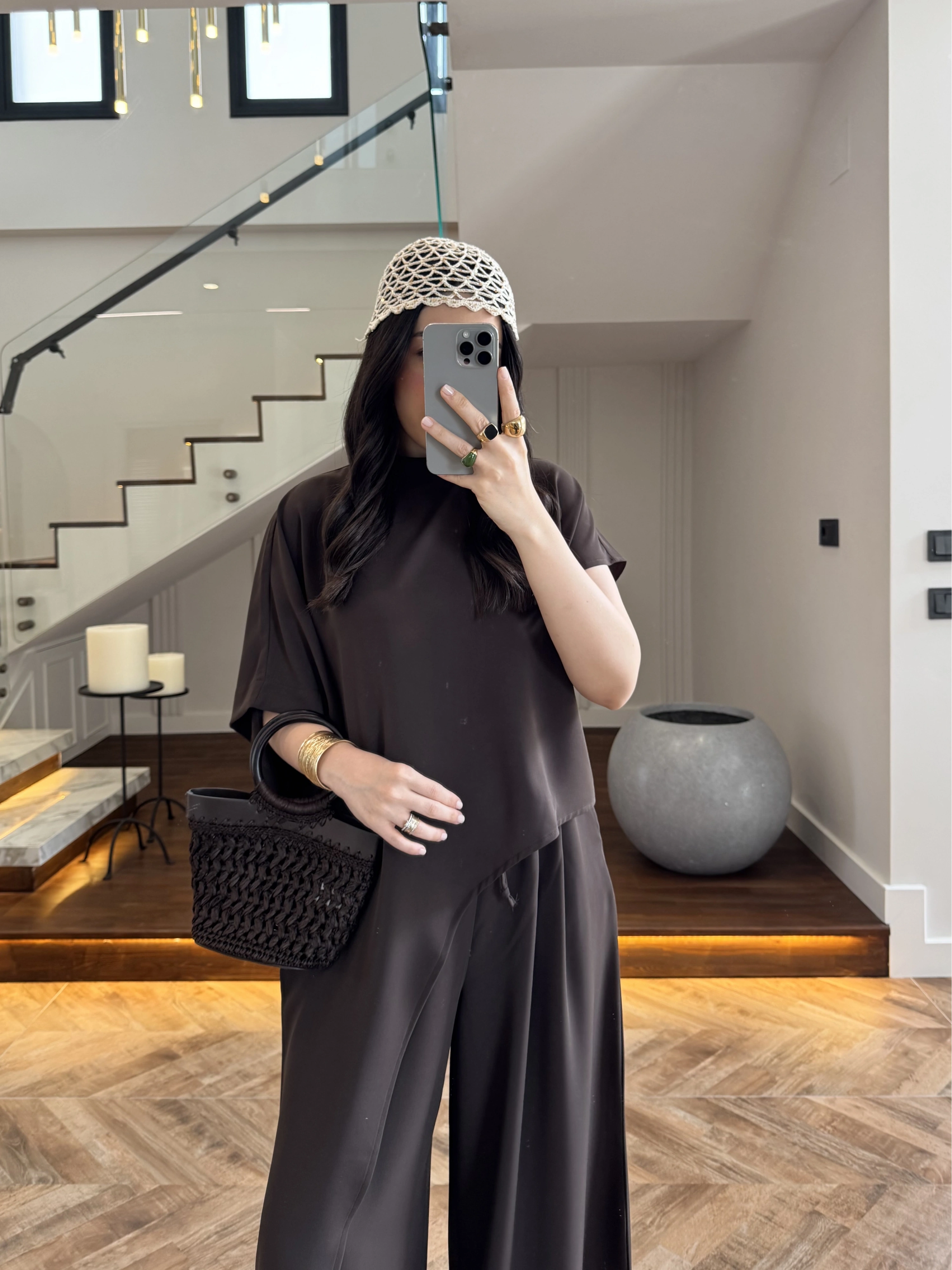 KAHVE ASİMETRİK BLUZLU TAKIM-9162
