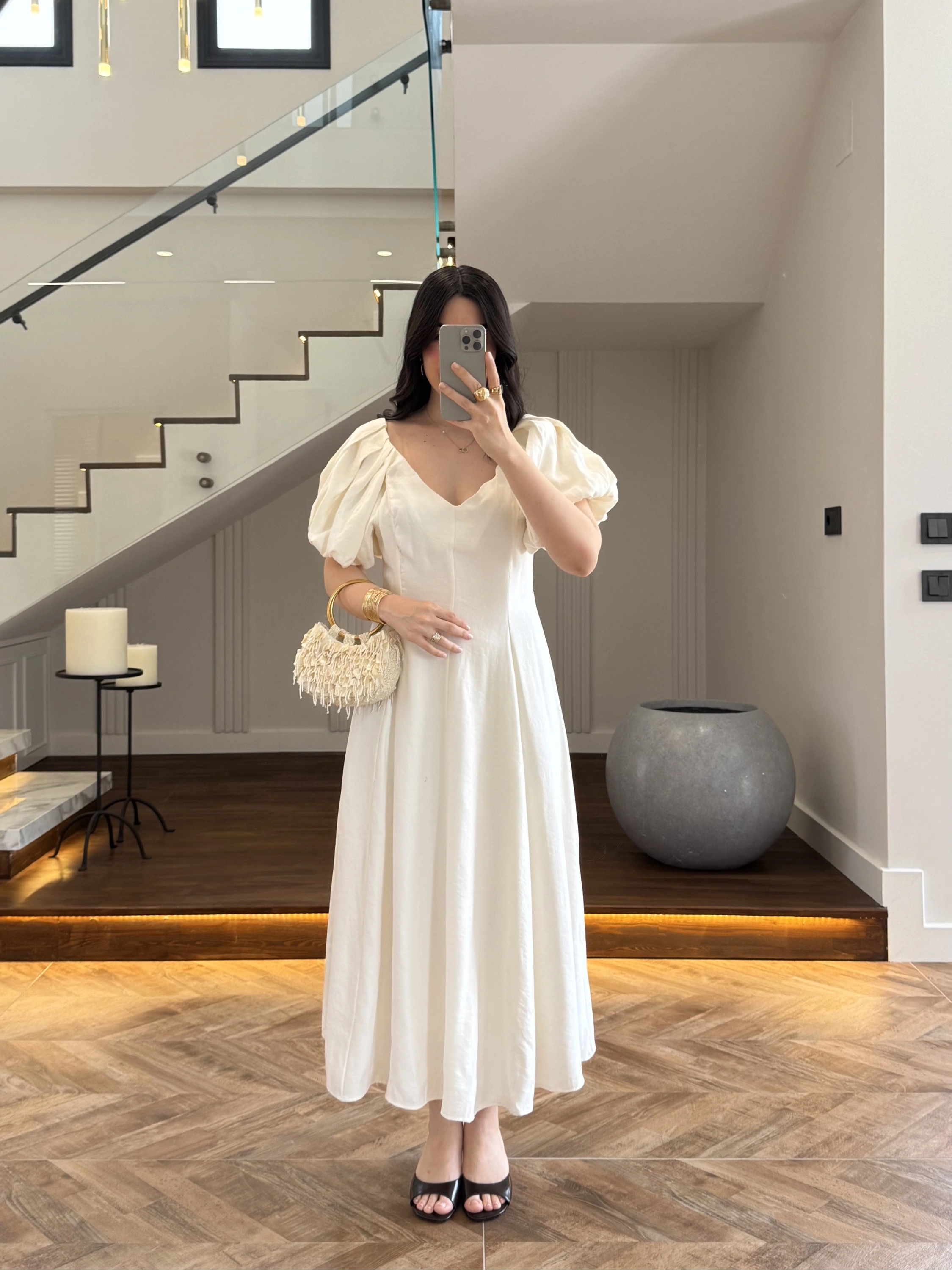 EKRU BALON KOL ELBİSE-2384