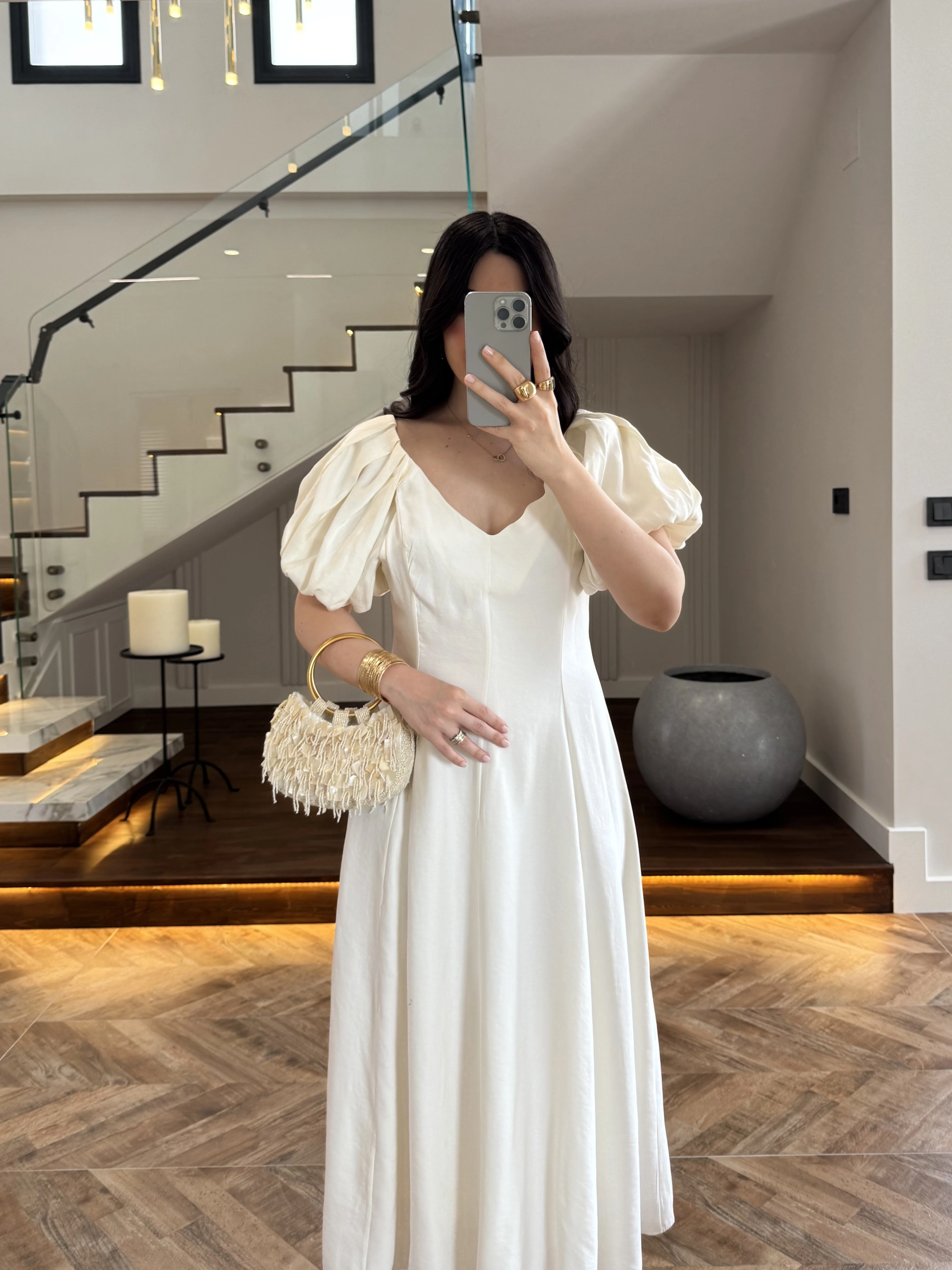 EKRU BALON KOL ELBİSE-2384
