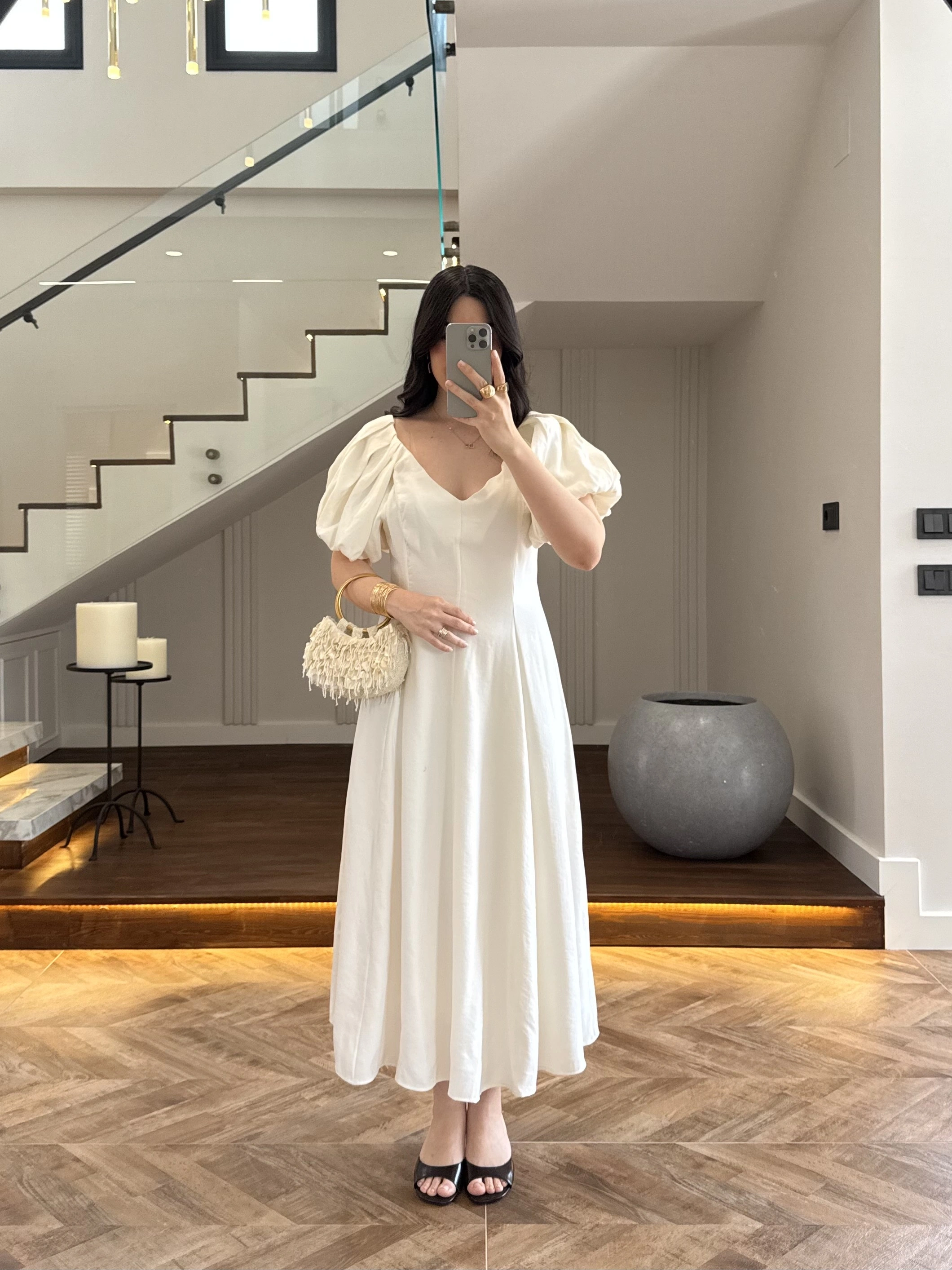 EKRU BALON KOL ELBİSE-2384