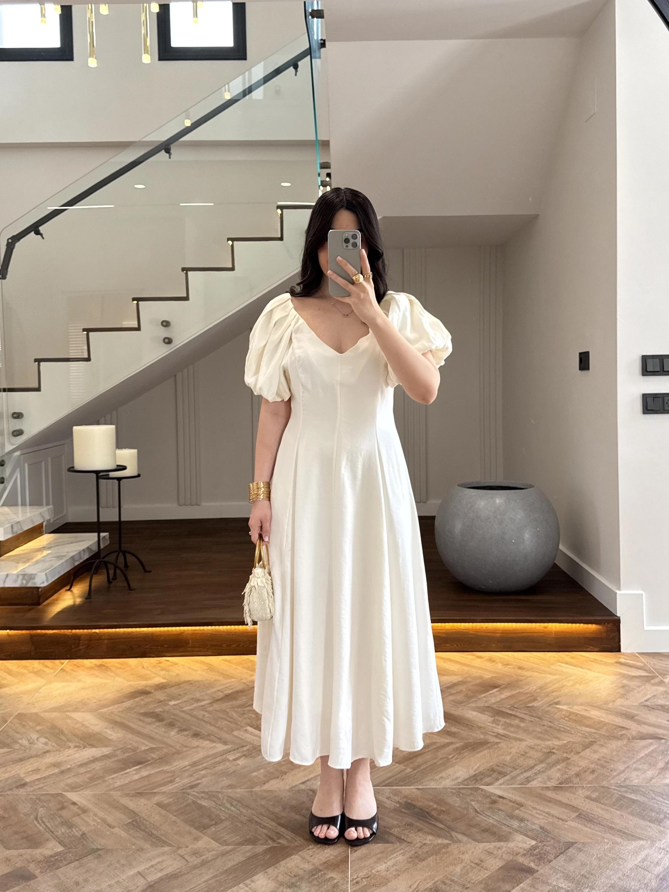 EKRU BALON KOL ELBİSE-2384