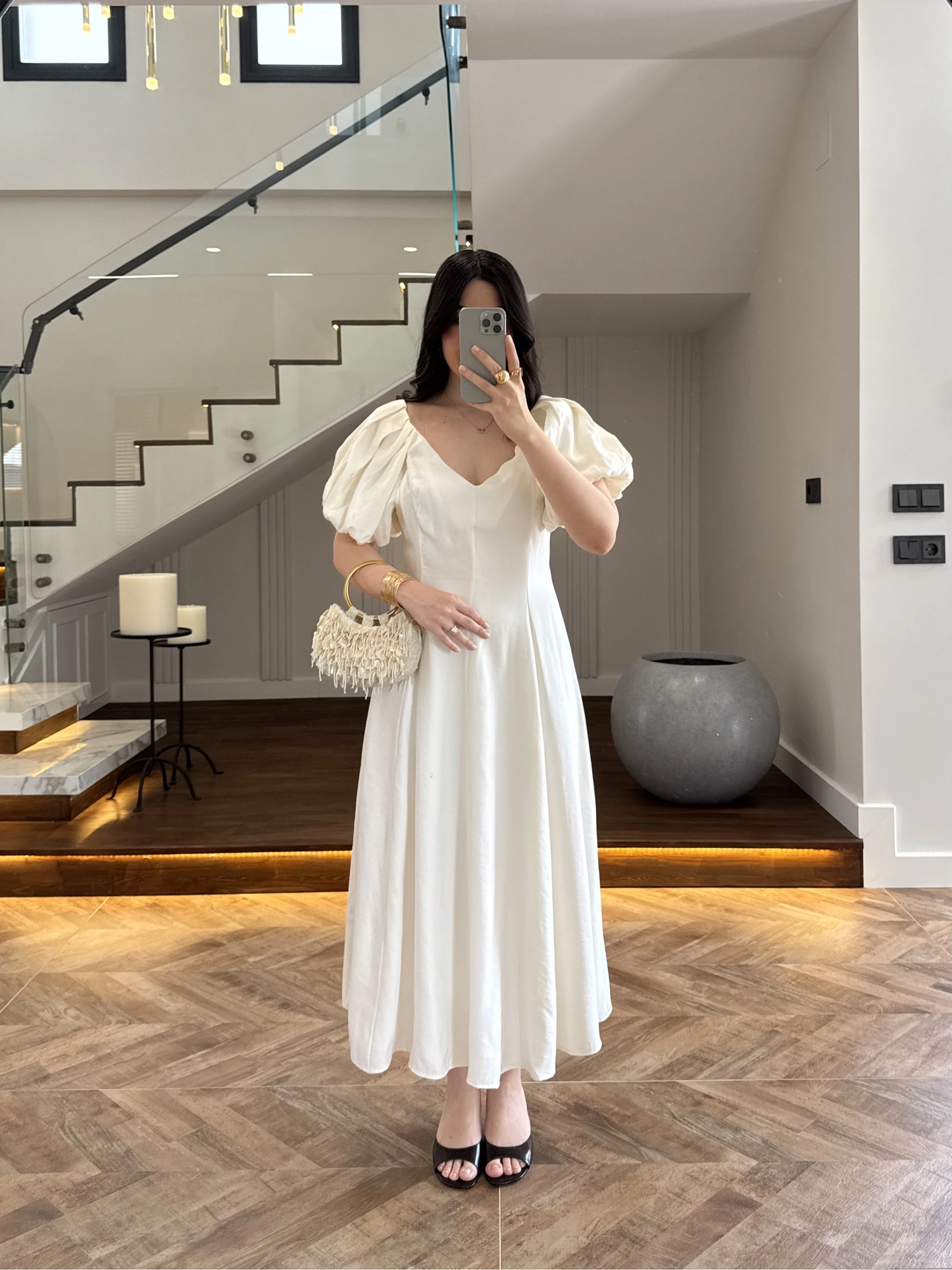 EKRU BALON KOL ELBİSE-2384