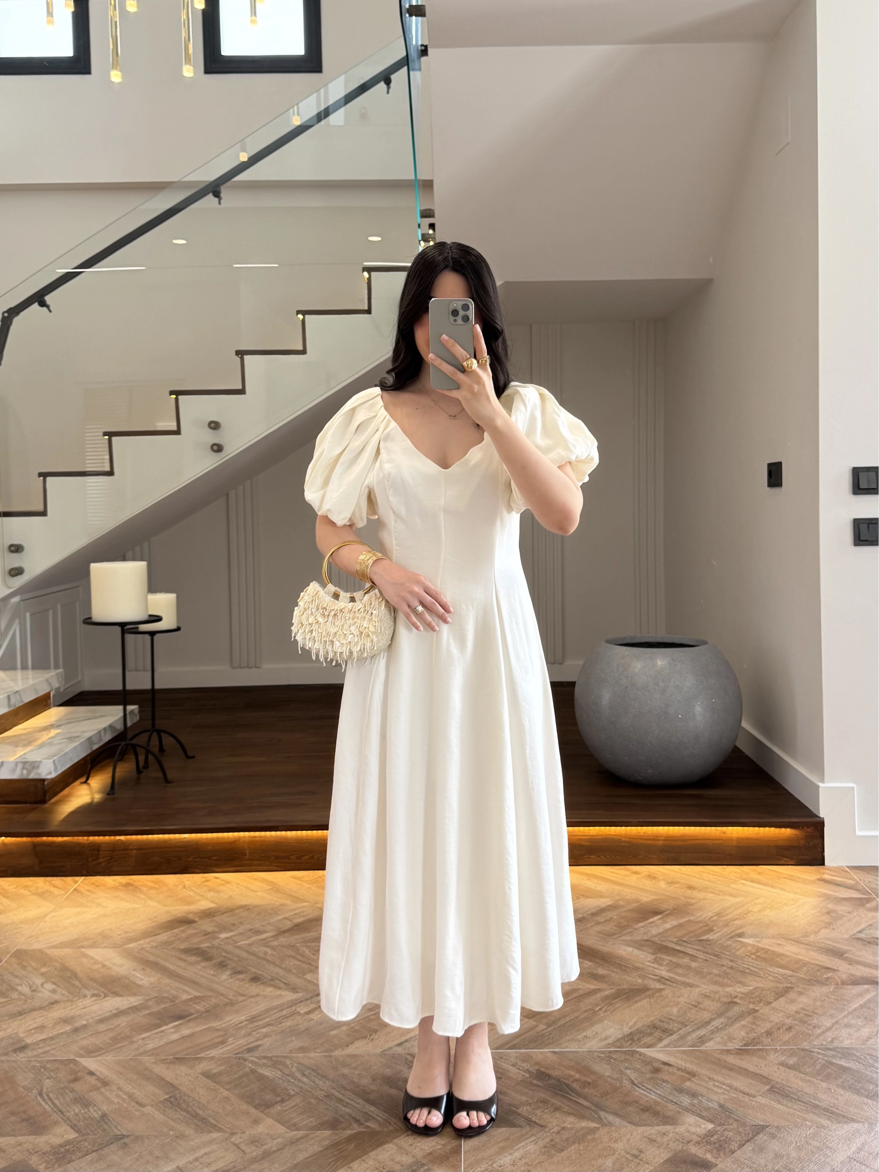 EKRU BALON KOL ELBİSE-2384