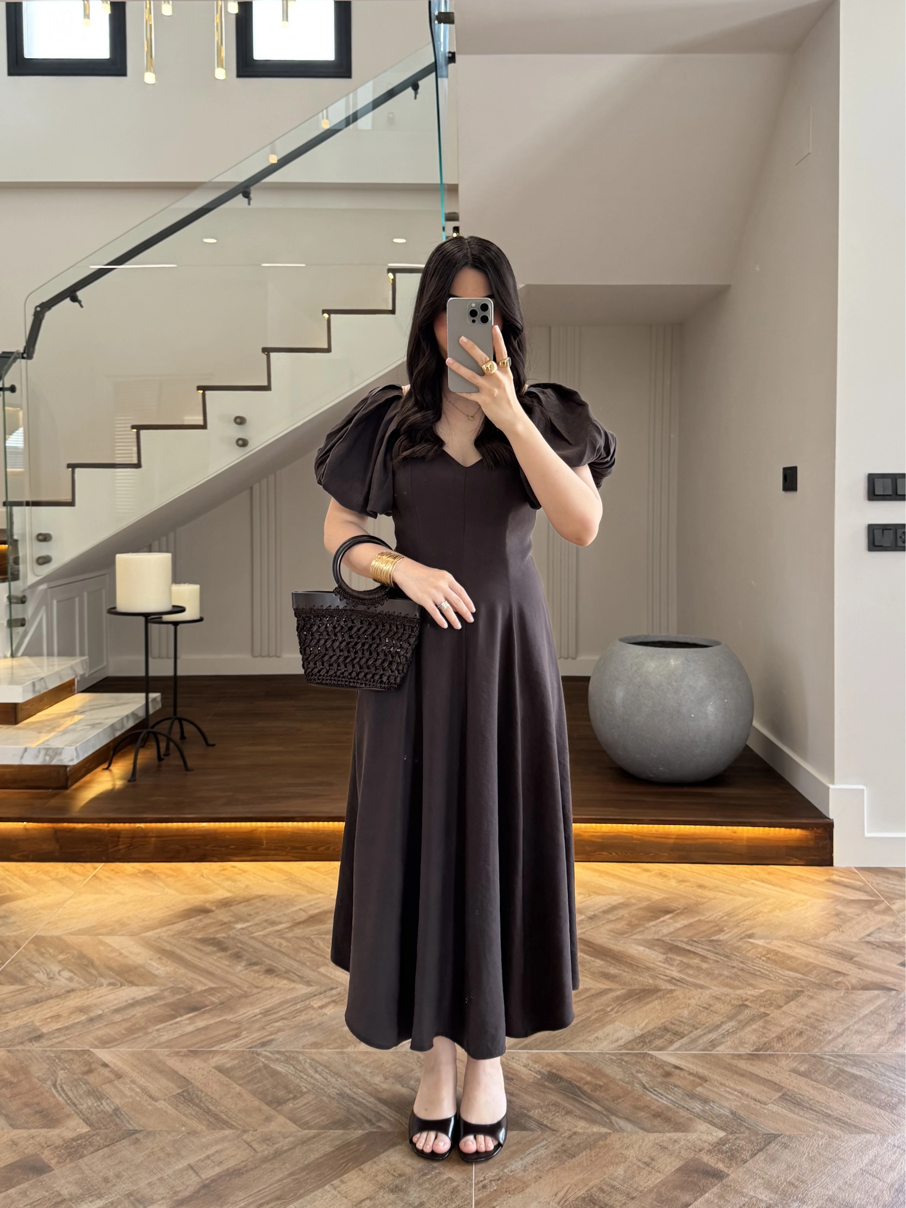 KAHVE BALON KOL ELBİSE-2384