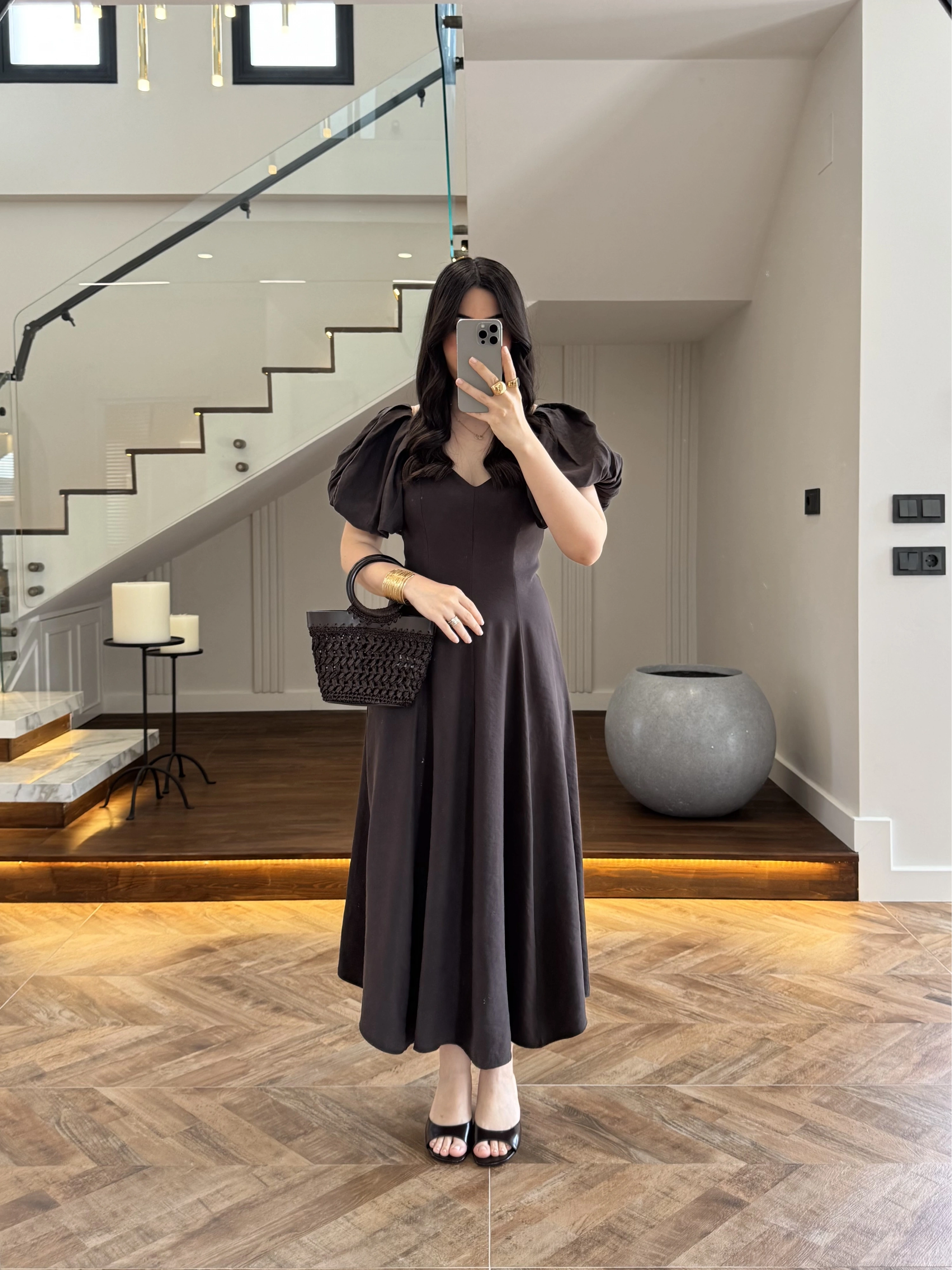 KAHVE BALON KOL ELBİSE-2384
