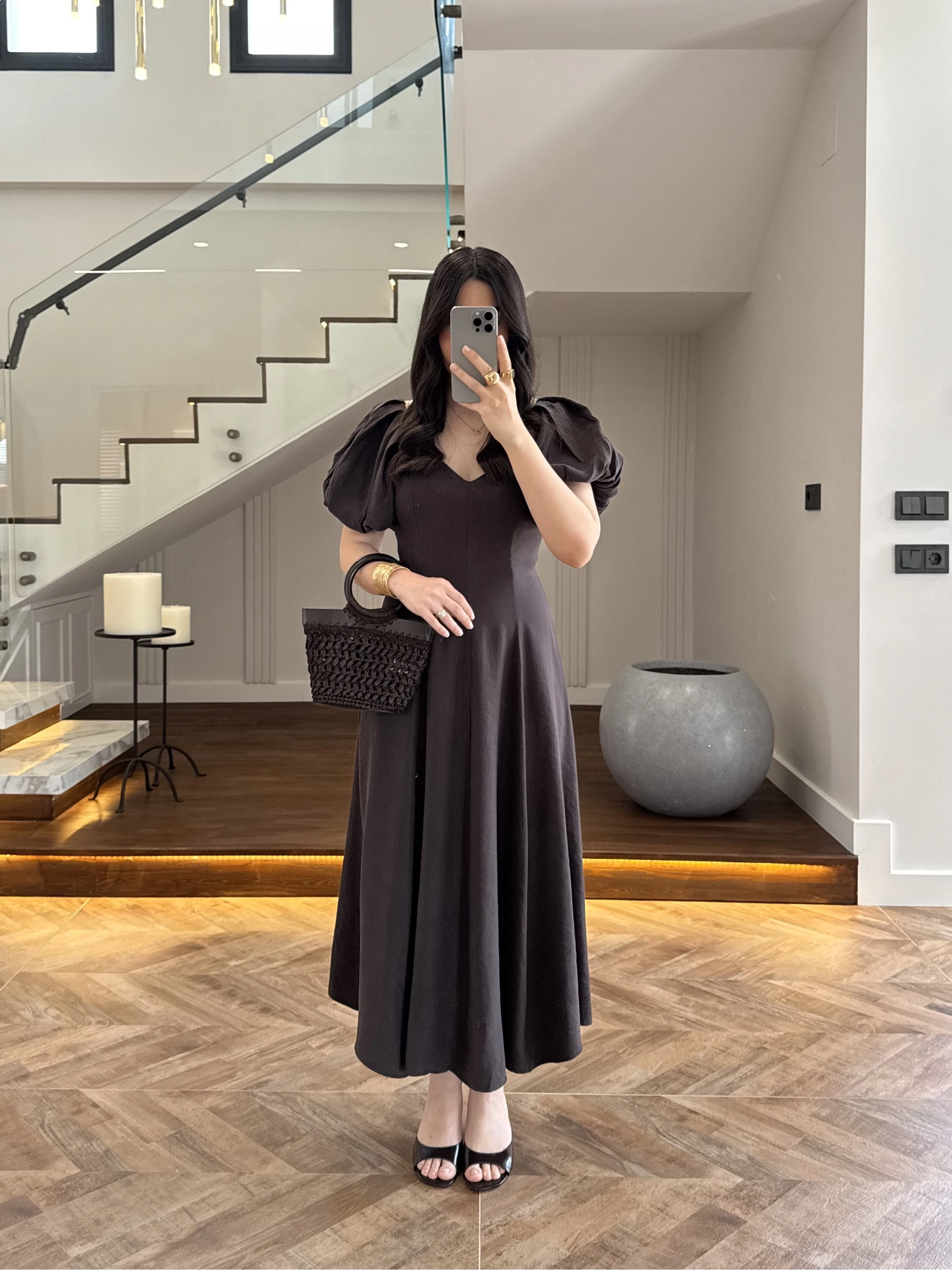 KAHVE BALON KOL ELBİSE-2384