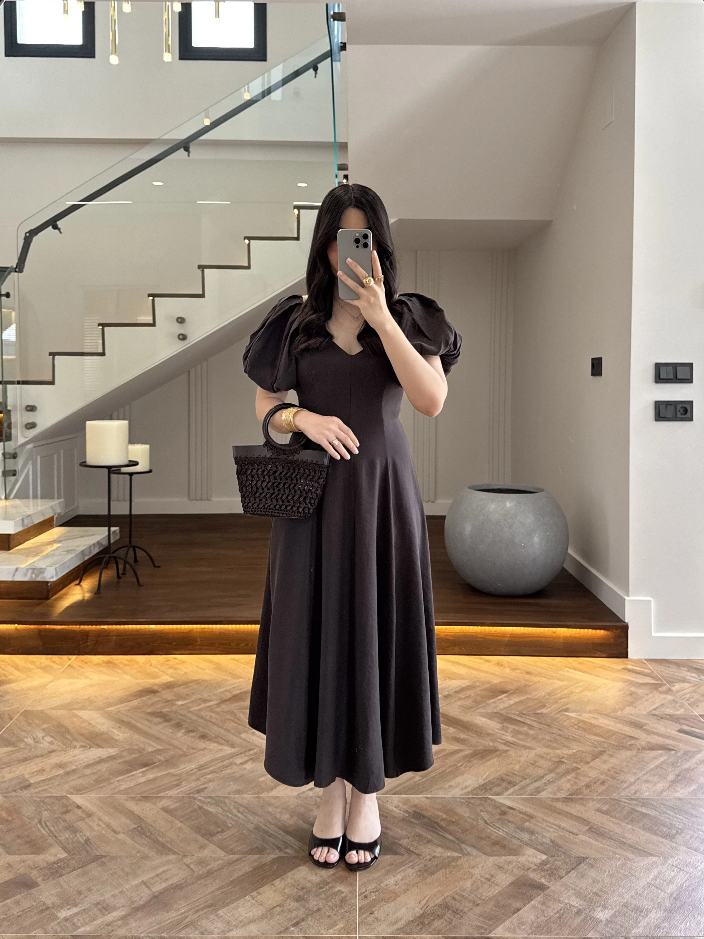 KAHVE BALON KOL ELBİSE-2384