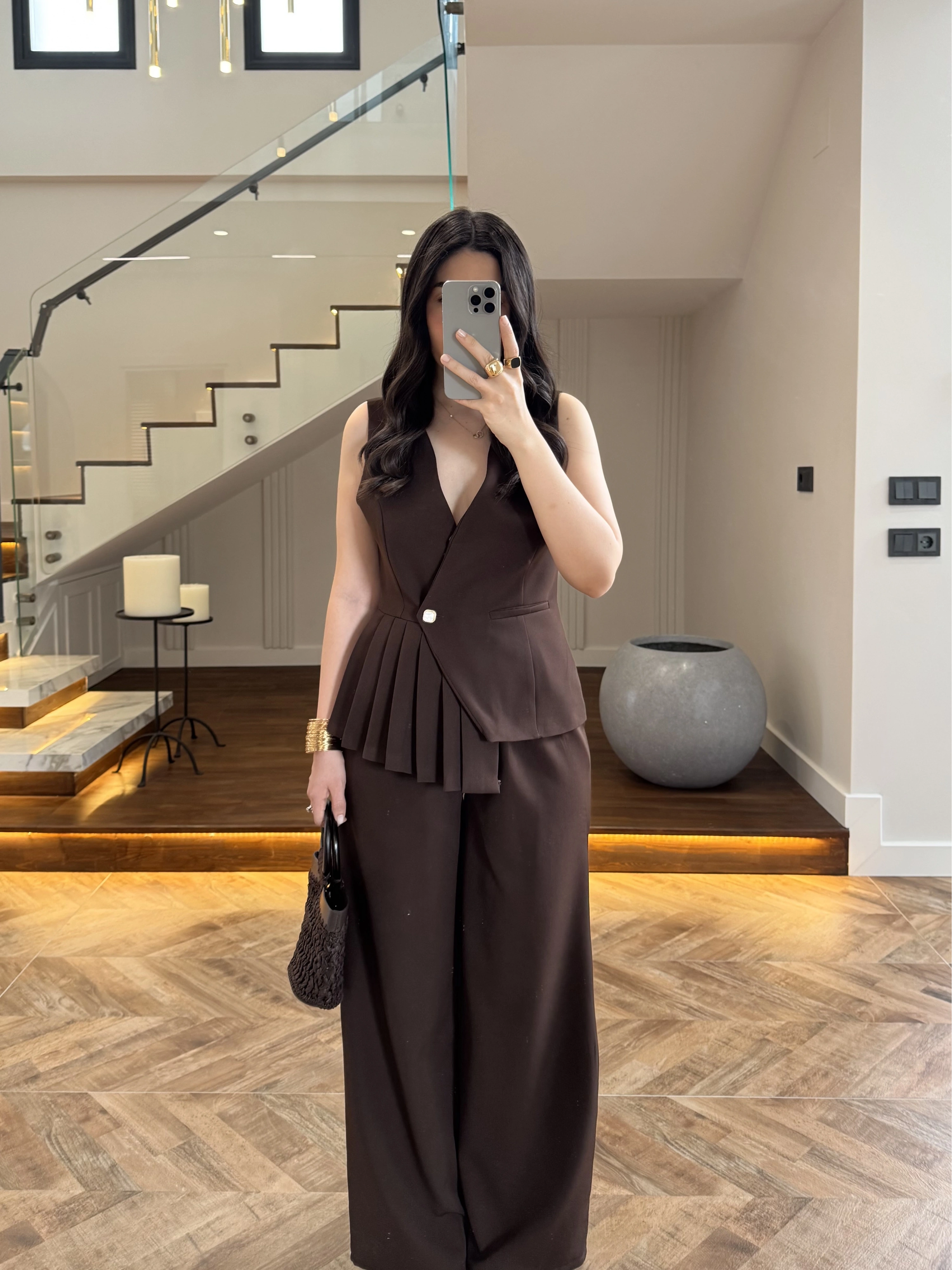 KAHVE YELEKLİ PİLELİ TAKIM -8391