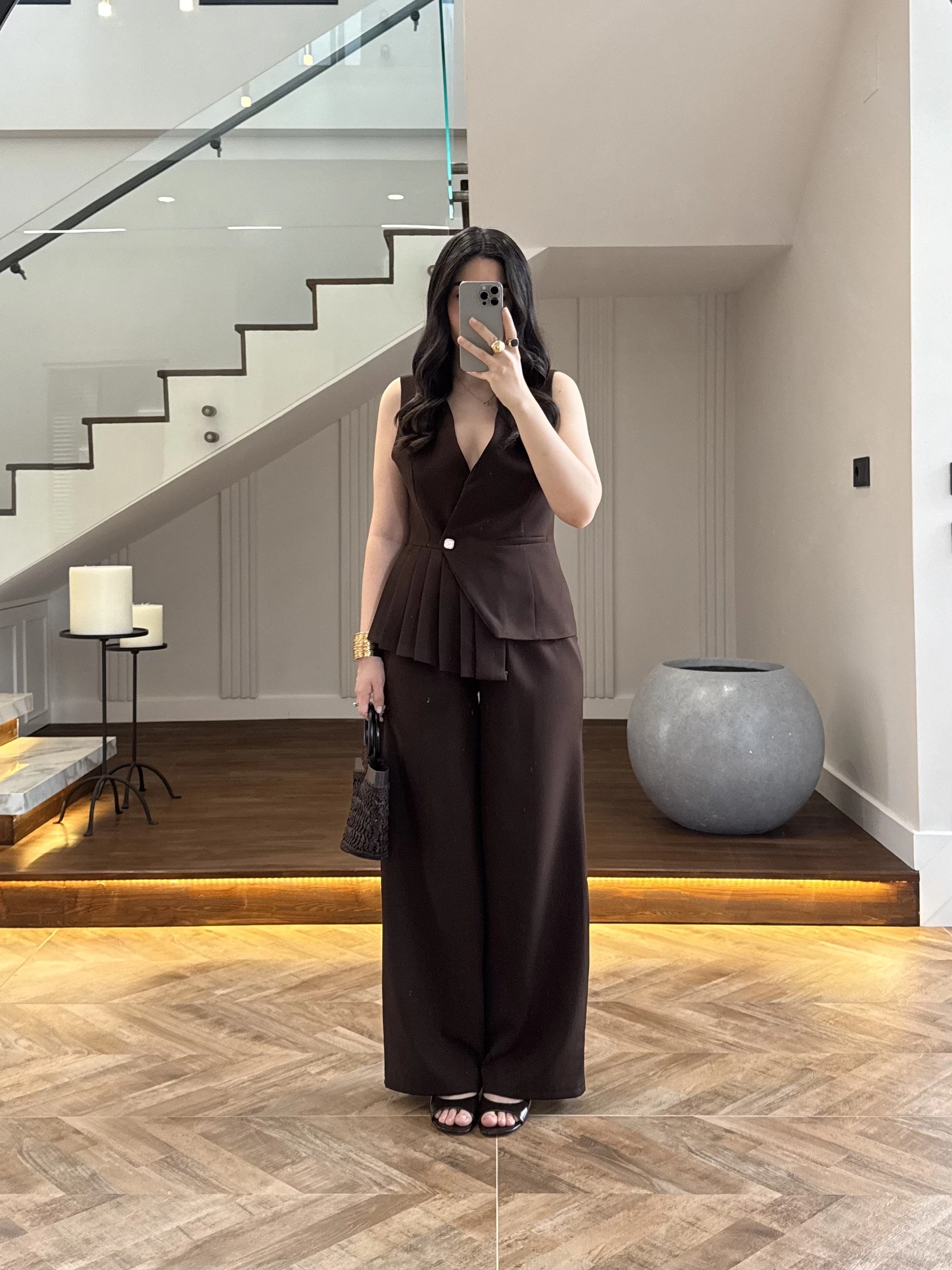 KAHVE YELEKLİ PİLELİ TAKIM -8391