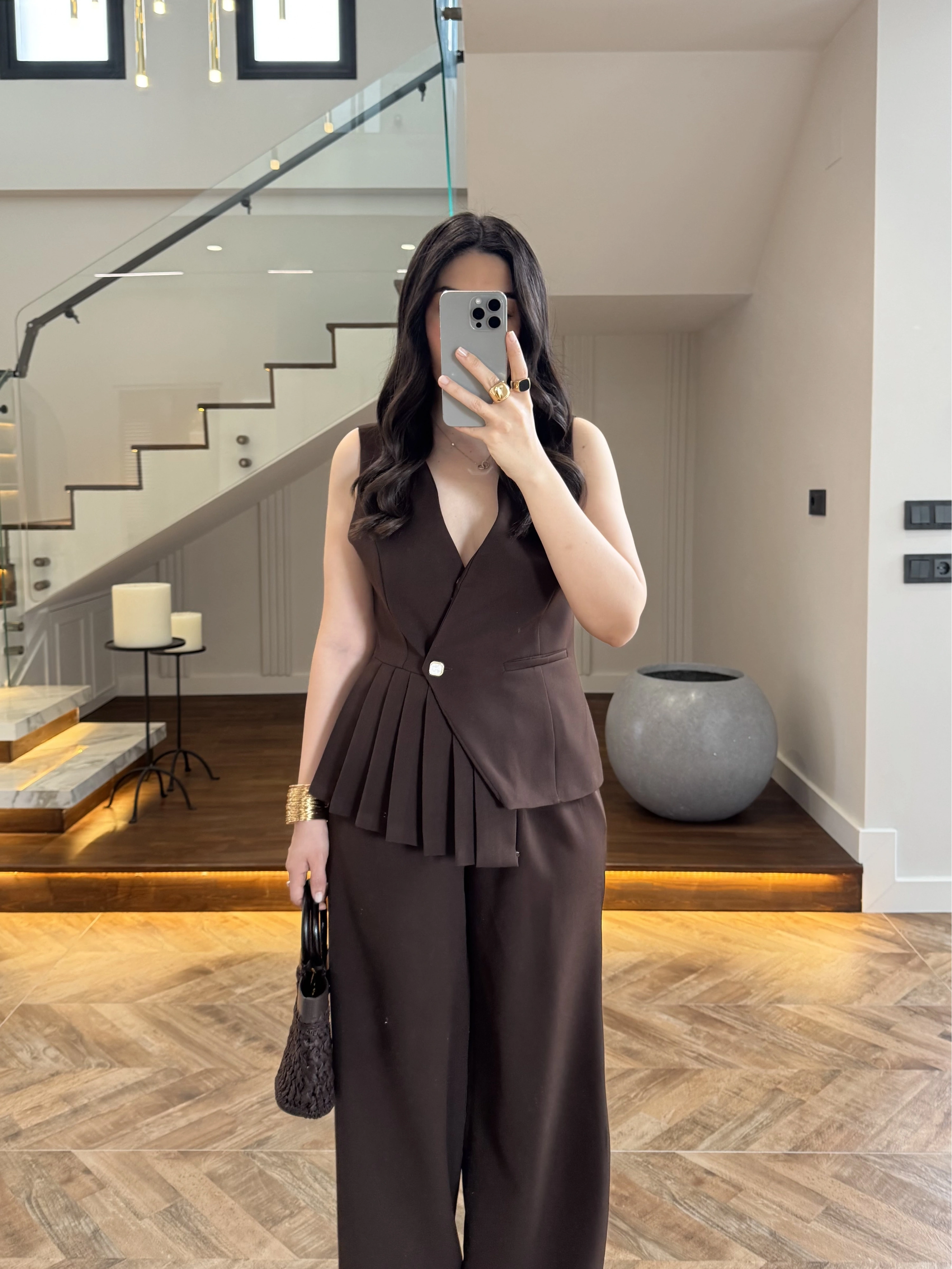 KAHVE YELEKLİ PİLELİ TAKIM -8391