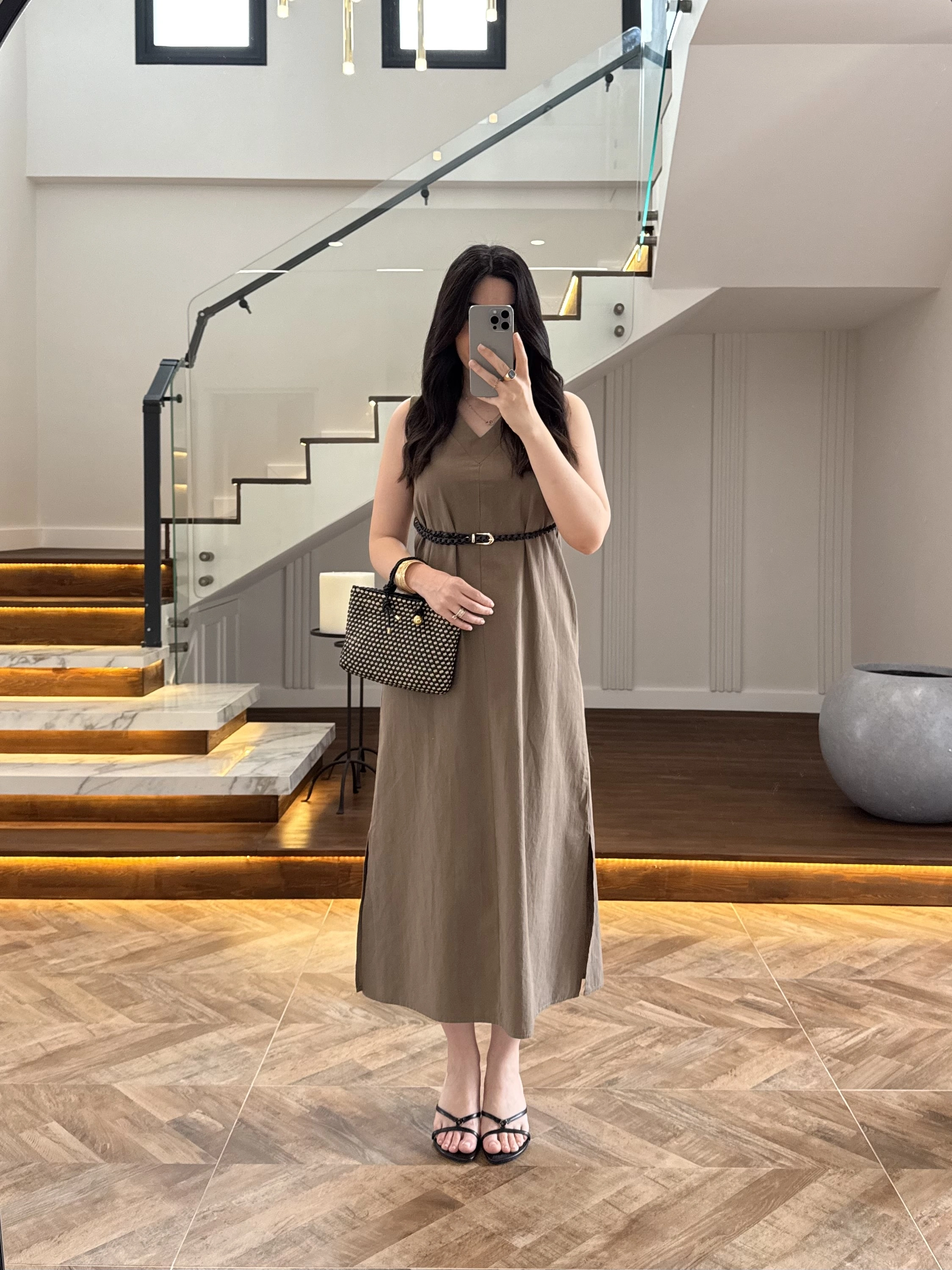HAKİ V YAKA KEMERLİ ELBİSE-2382