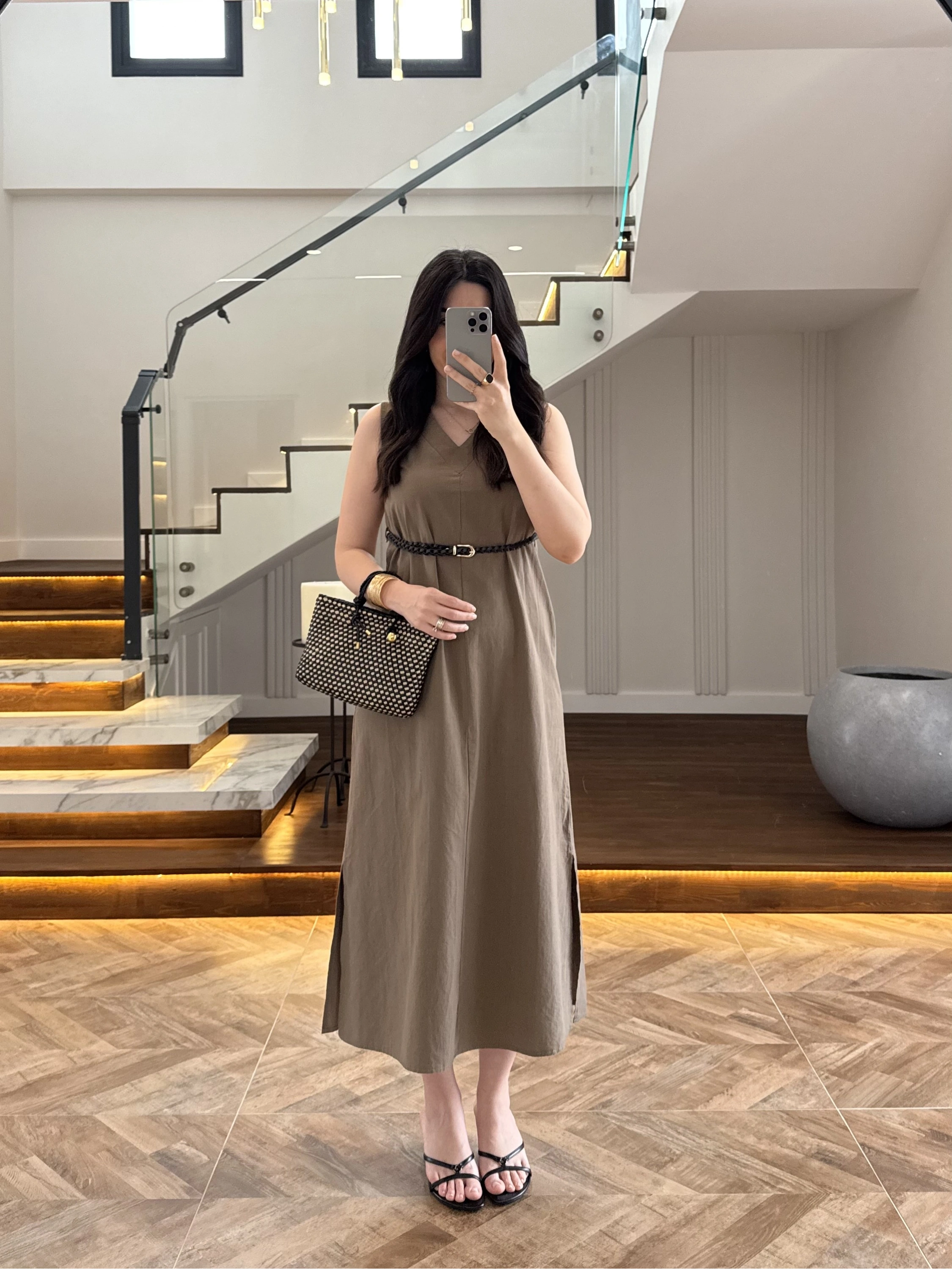 HAKİ V YAKA KEMERLİ ELBİSE-2382