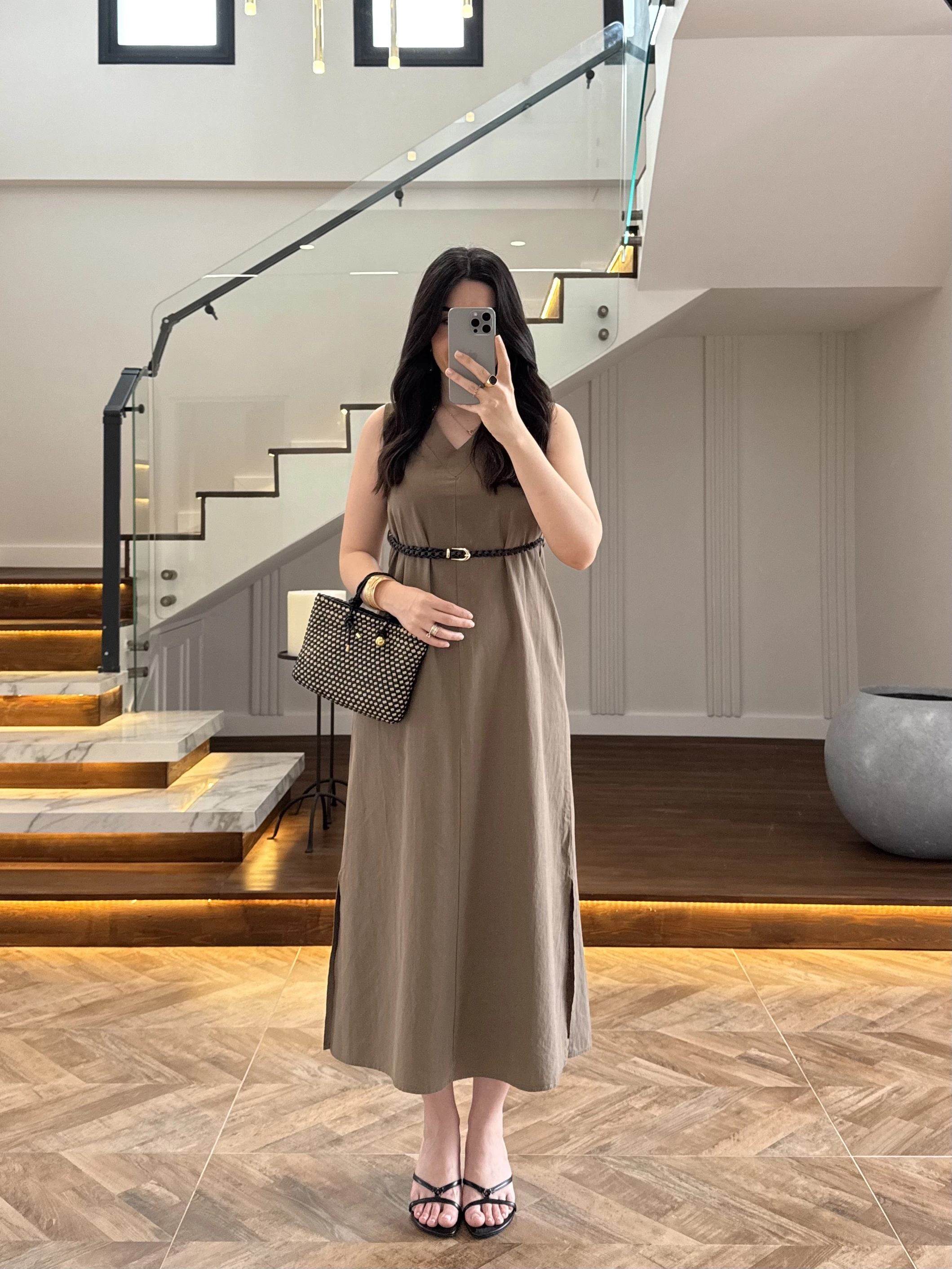 HAKİ V YAKA KEMERLİ ELBİSE-2382