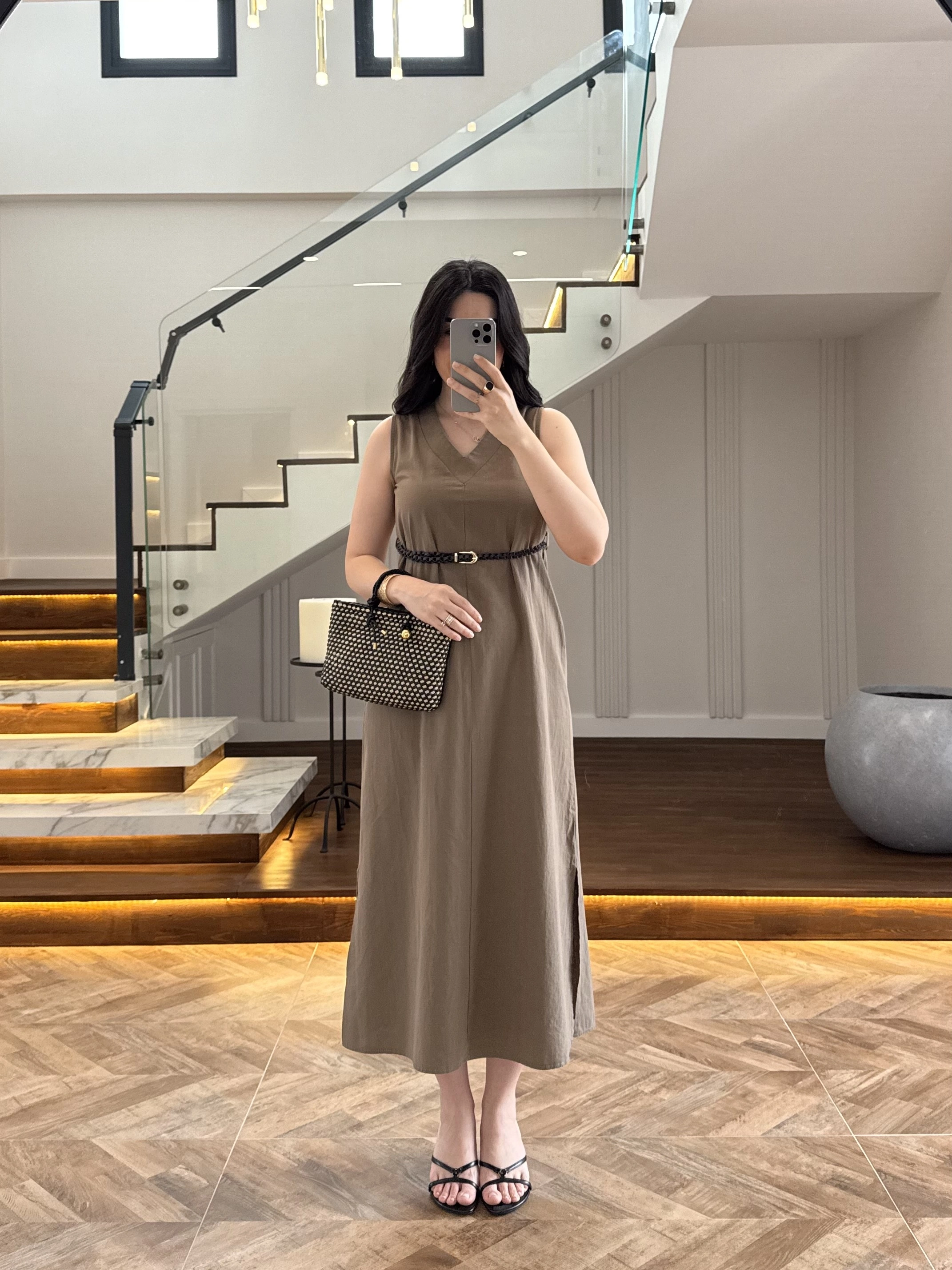 HAKİ V YAKA KEMERLİ ELBİSE-2382