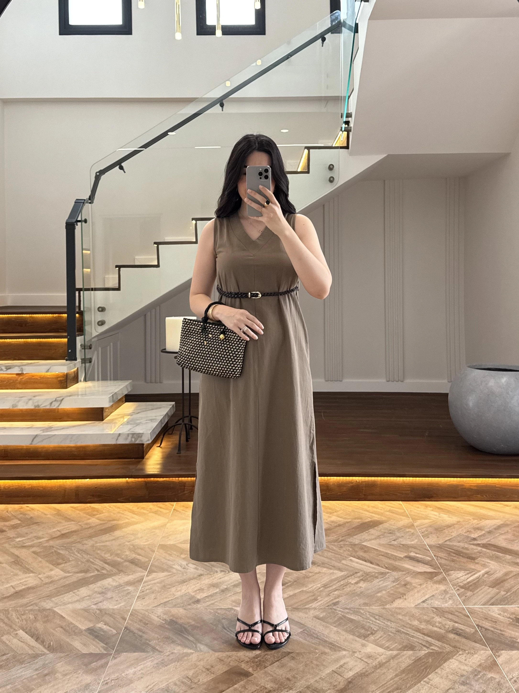 HAKİ V YAKA KEMERLİ ELBİSE-2382