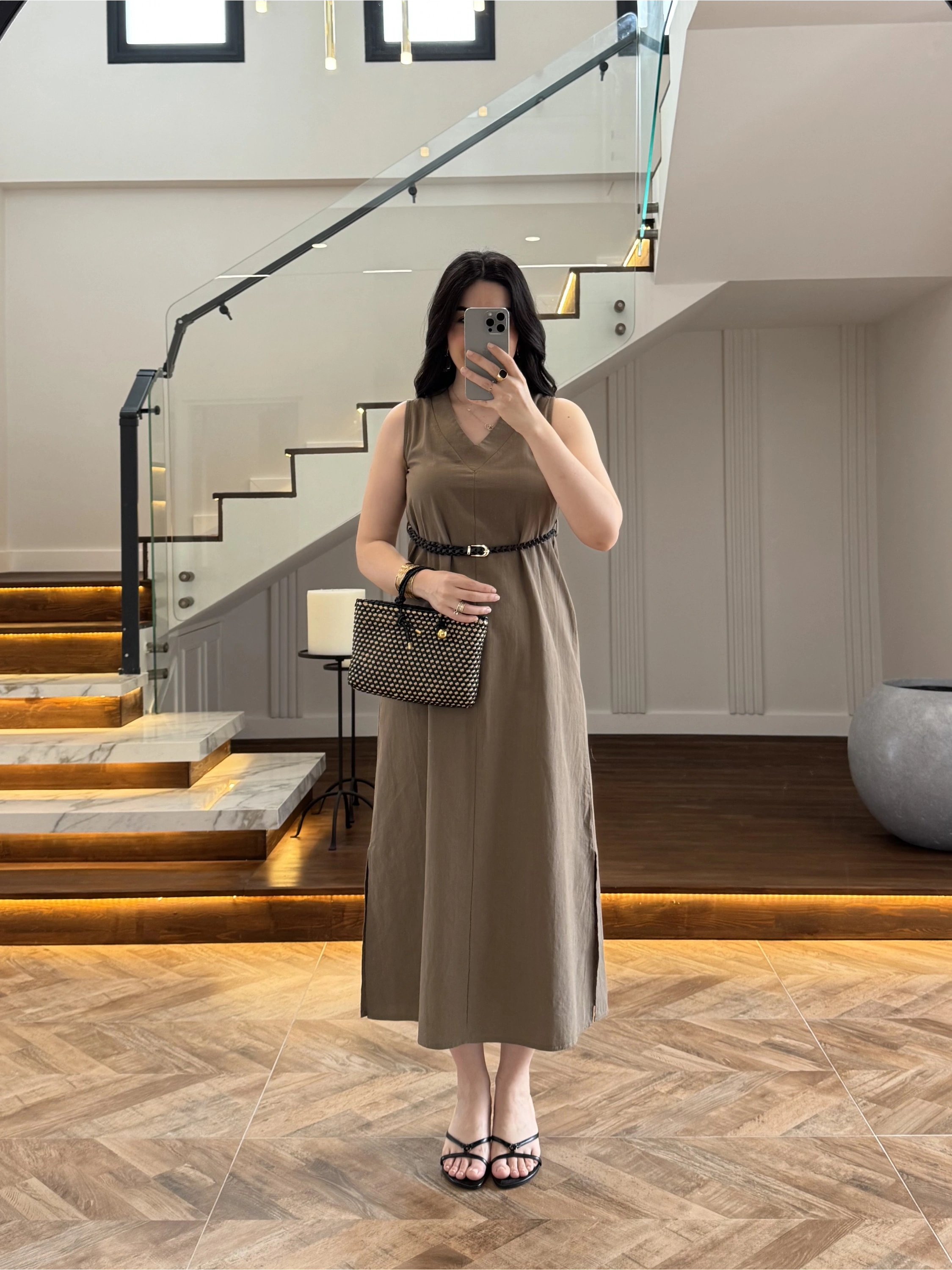 HAKİ V YAKA KEMERLİ ELBİSE-2382