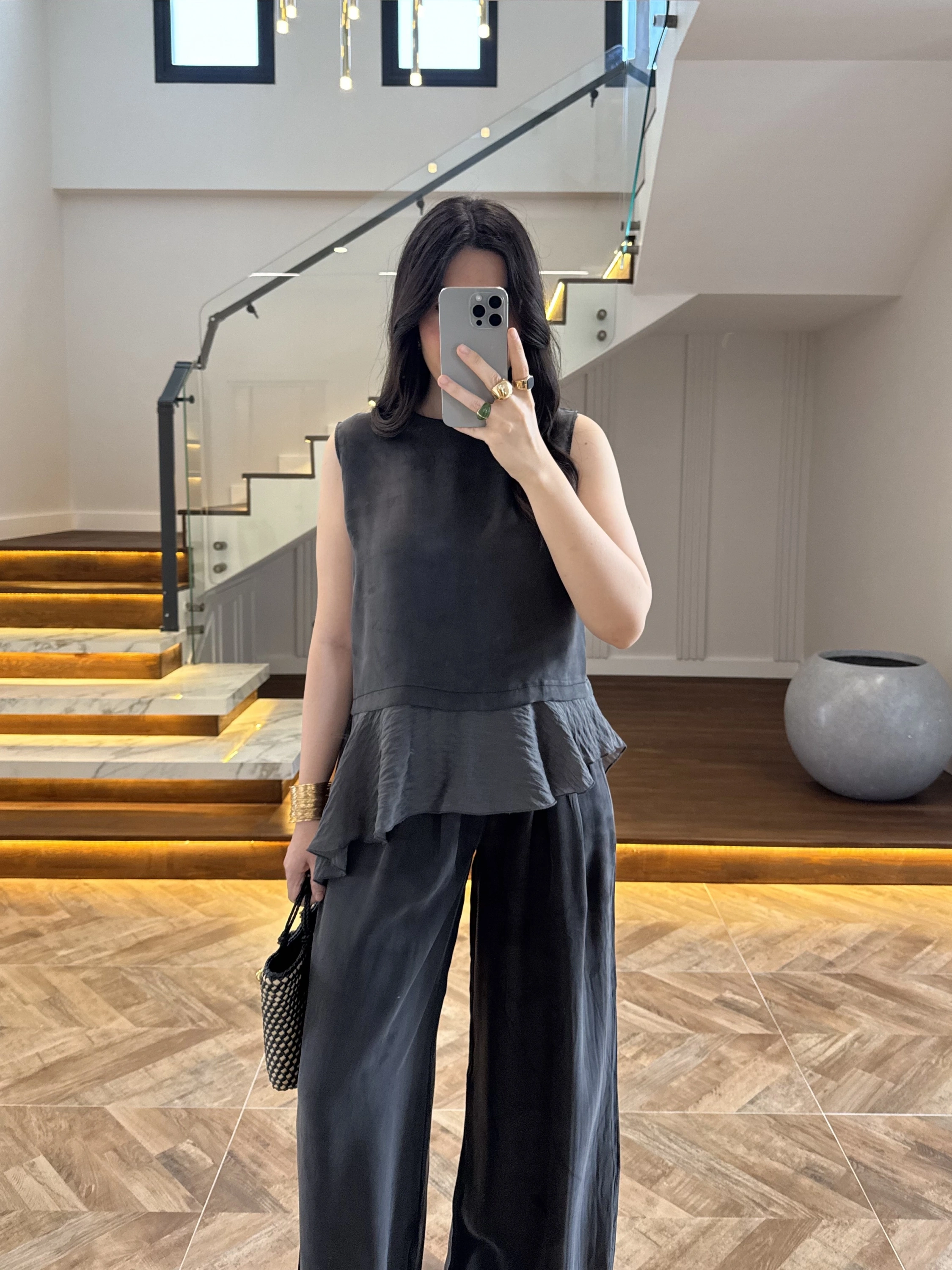 SİYAH GARNİLİ BLUZ PANTOLON TAKIM-51391