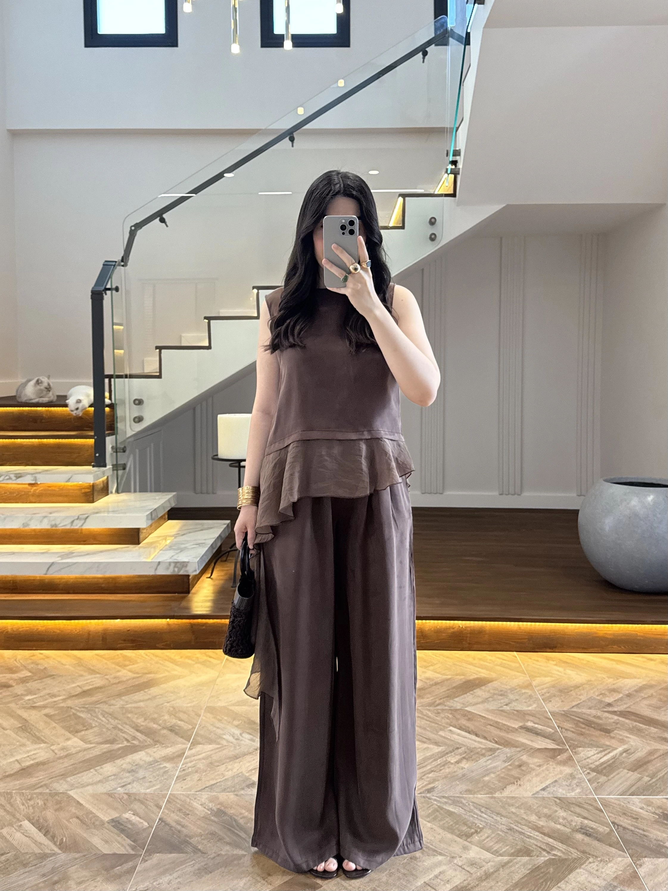 KAHVE GARNİLİ BLUZ PANTOLON TAKIM-51391
