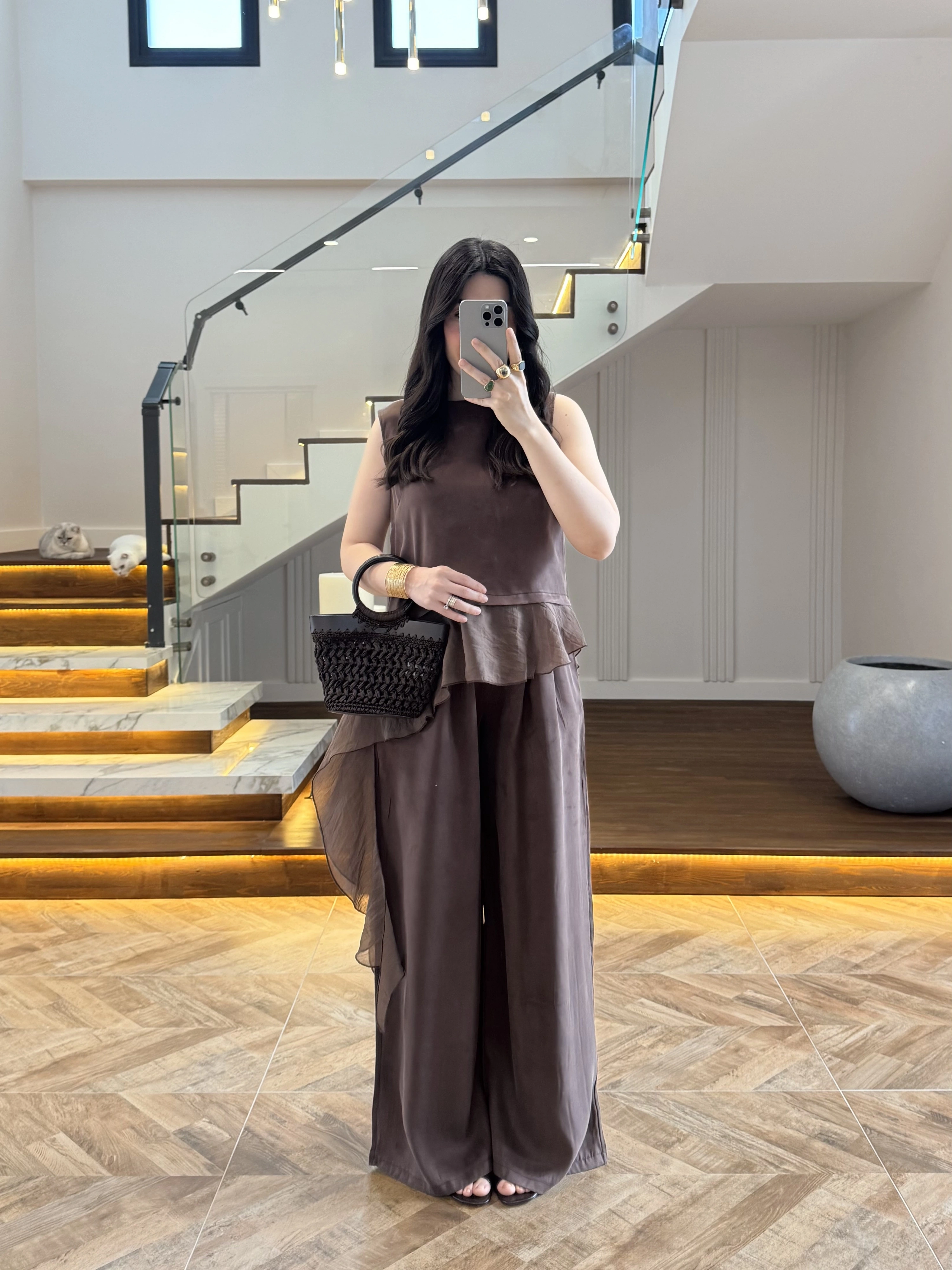 KAHVE GARNİLİ BLUZ PANTOLON TAKIM-51391