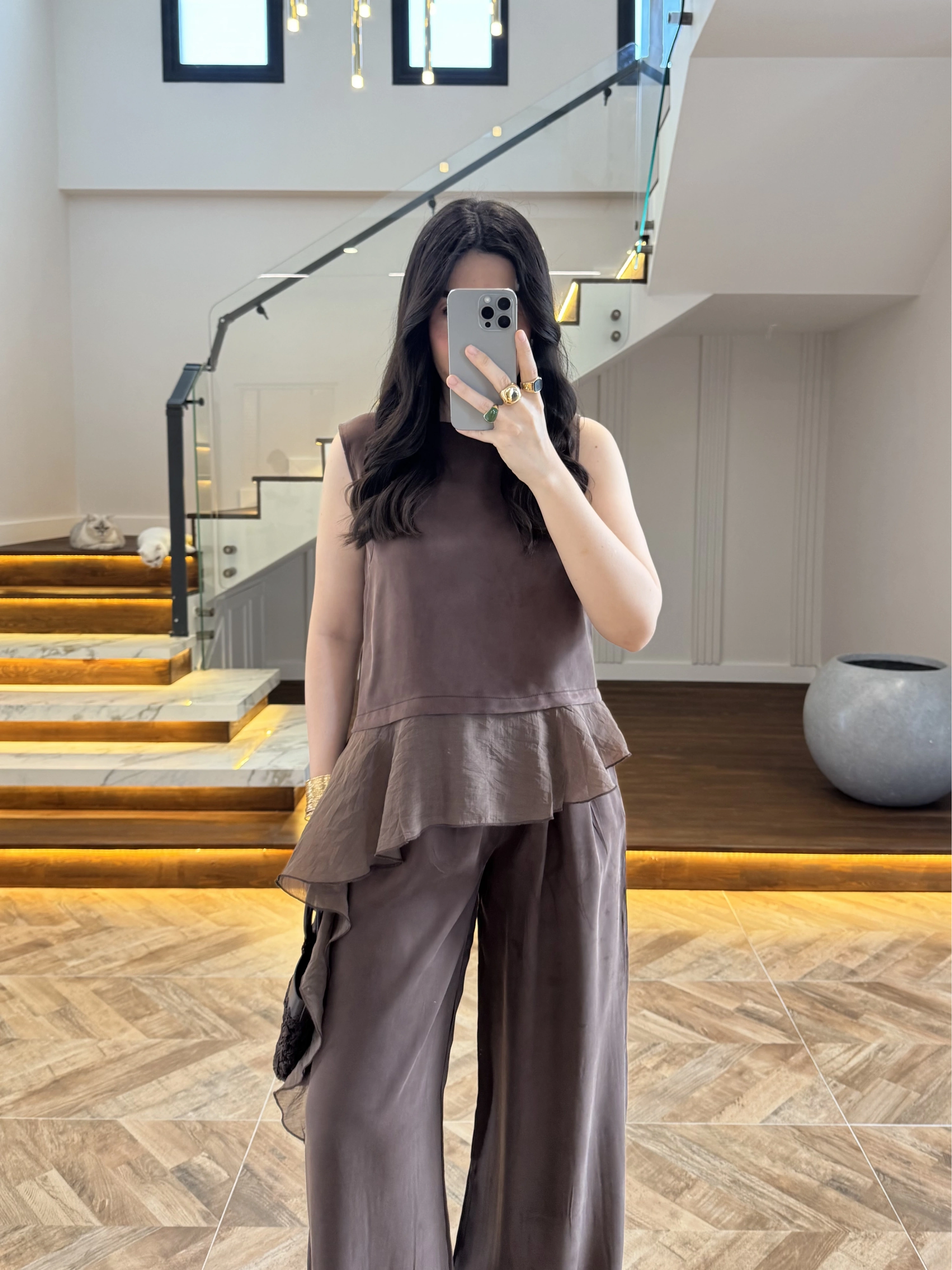 KAHVE GARNİLİ BLUZ PANTOLON TAKIM-51391