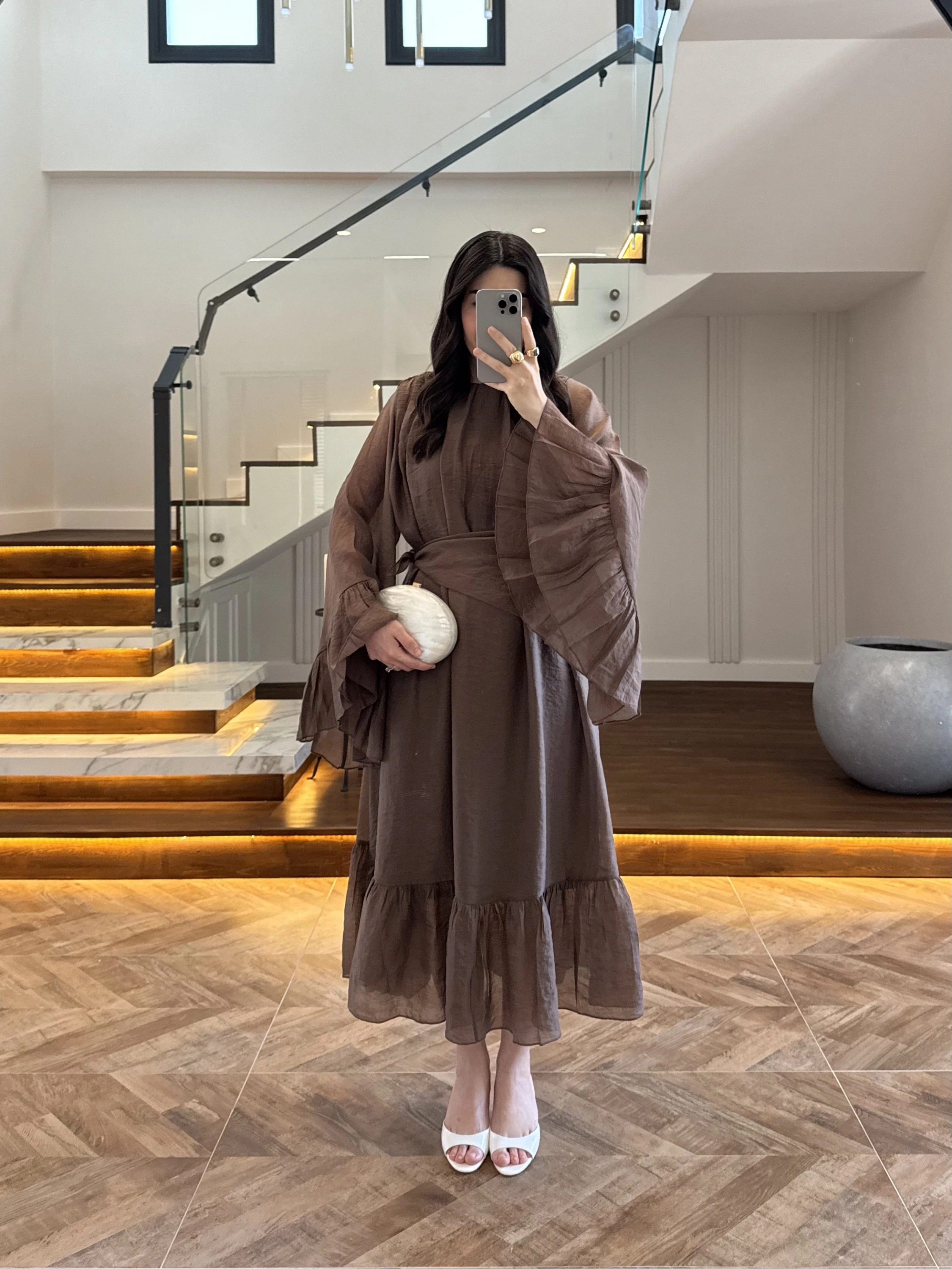 KAHVE ŞALLI BÜZGÜLÜ ELBİSE-3404
