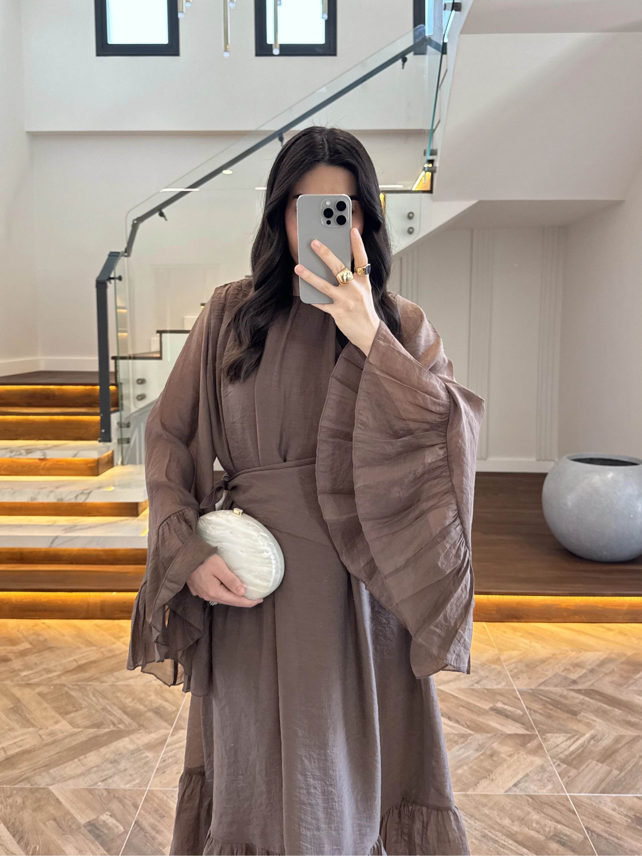 KAHVE ŞALLI BÜZGÜLÜ ELBİSE-3404